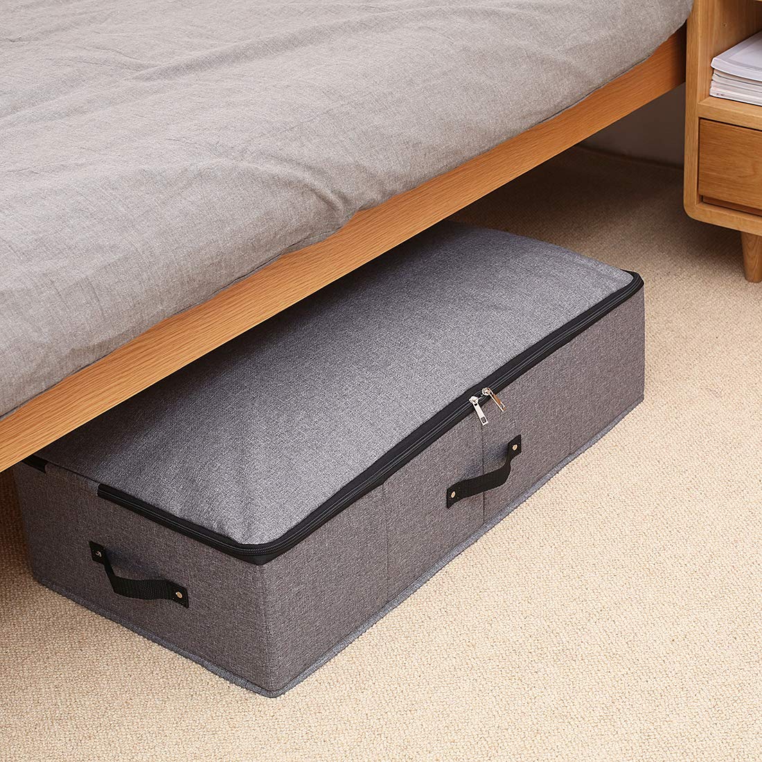 AMJ [2 Pack] Foldable Under Bed Storage Bags Basket Container with Durable Fabric for Shoes, Clothes, Blanket Organizers, Comforter, Black Grey