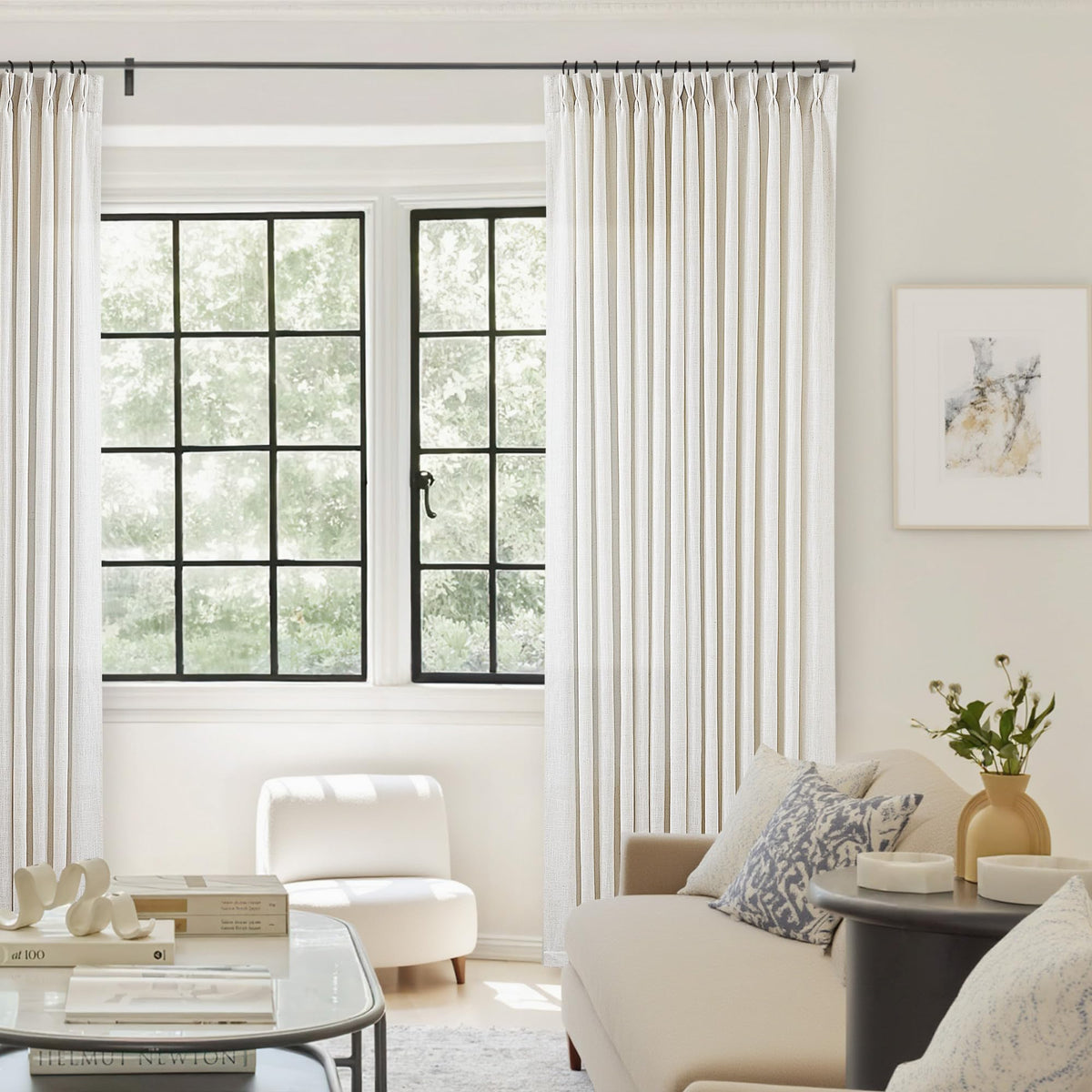 84 Inch Length Natural Pinch Pleated Linen Curtains 2 Panels for Living Room Bedroom Cream Ivory Semi Sheer Boho Neutral Back Tab Linght Filtering Pinch Pleat Hooks Rings Curtain 84 Inches Long