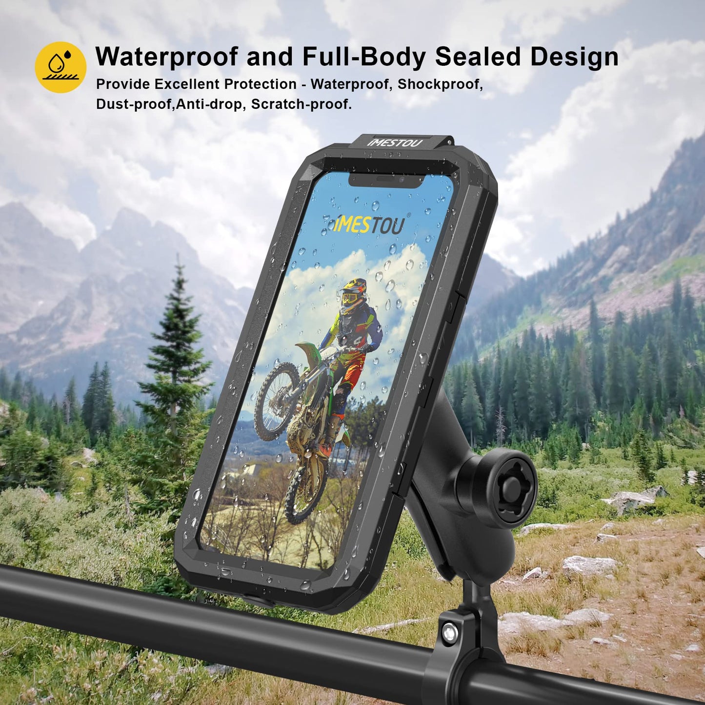 Anti-Theft Waterproof Motorcycle Phone Holder-iMESTOU Bike Phone Mount 1" Ball Handlebar Stem Mobile Holder with Double Socket Arms 720° Rotation Aluminium Base for 5.5"-6.8" Cellphones (L)