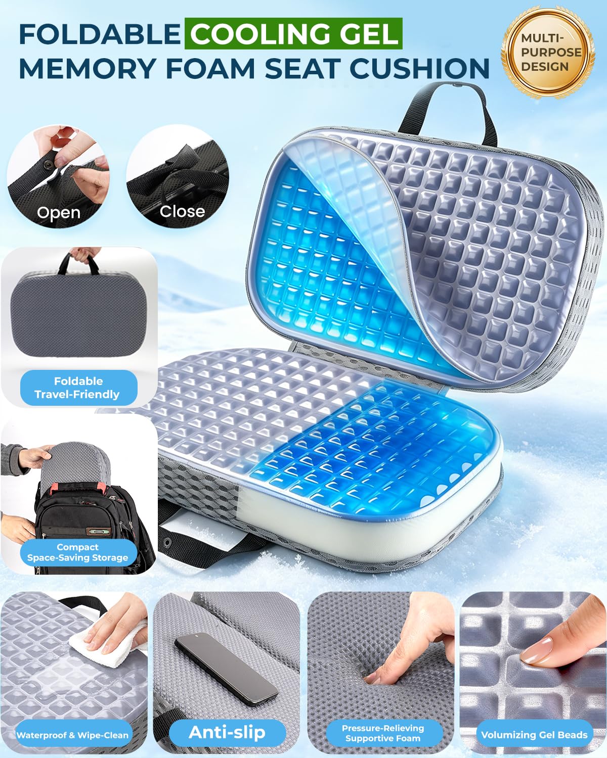 Gel Enhanced Memory Foam Seat Cushion Foldable Gel Cushion Large Office Chair Cushion for Long Sitting Ergonomic Tailbone Pillow Pain Relief Car Seat Cushion Travel Cushion for Airplane Stadium