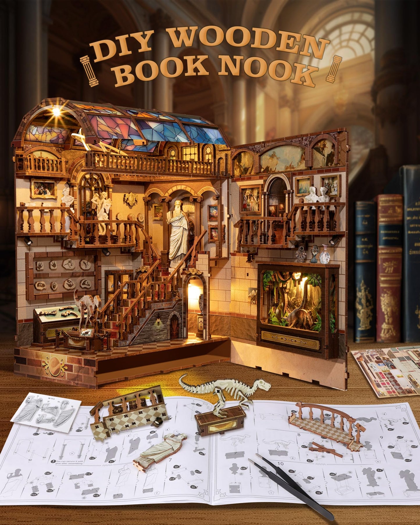 Quanquer DIY Book Nook Kit： DIY Dollhouse Booknook with LED Light - 3D Wooden Puzzle Miniature House Kits - DIY Crafts for Adults - Bookshelf Insert Decor - Gifts Family & Friends(Museum)