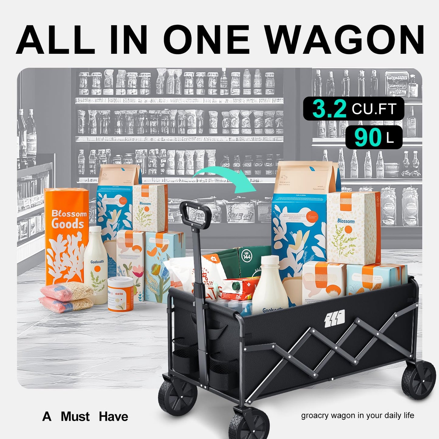 Collapsible Foldable Wagon, Foldig Cart with Wheel Heavy Duty with 180lbs Weight Capacity Lightweight Utility Camping Wagon for Groceries Garden Beach Sports Fishing