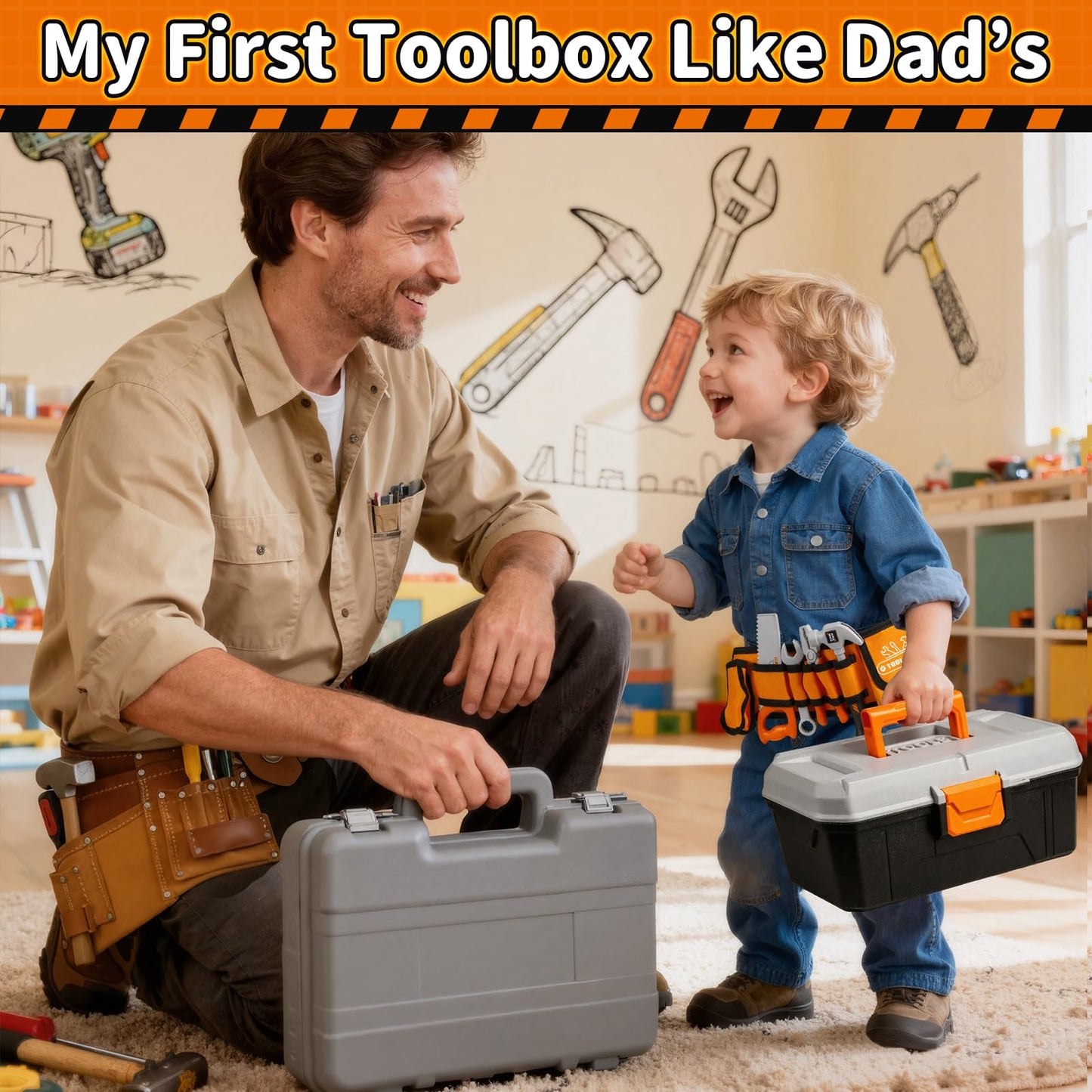 KidBloom Kids Tool Set with Tool Belt, 50 PCS Tool Box with Drill Toy, Construction Tool Toys, Toys for 3 4 5 Year Old Boys Girls Gifts