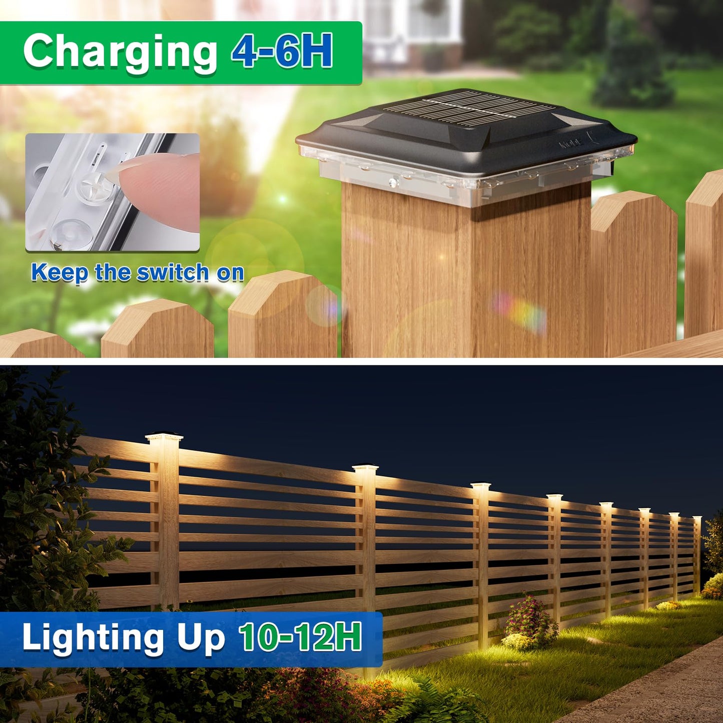 Upgraded Solar Post Cap Lights Outdoor 6pack, 3-in-1 Selectable Color (Warm White/Cool White/Daylight), Waterproof Downward Lighting for 4x4 Wood/Vinyl Fence Posts, Ideal for Deck Yard Stair Railing