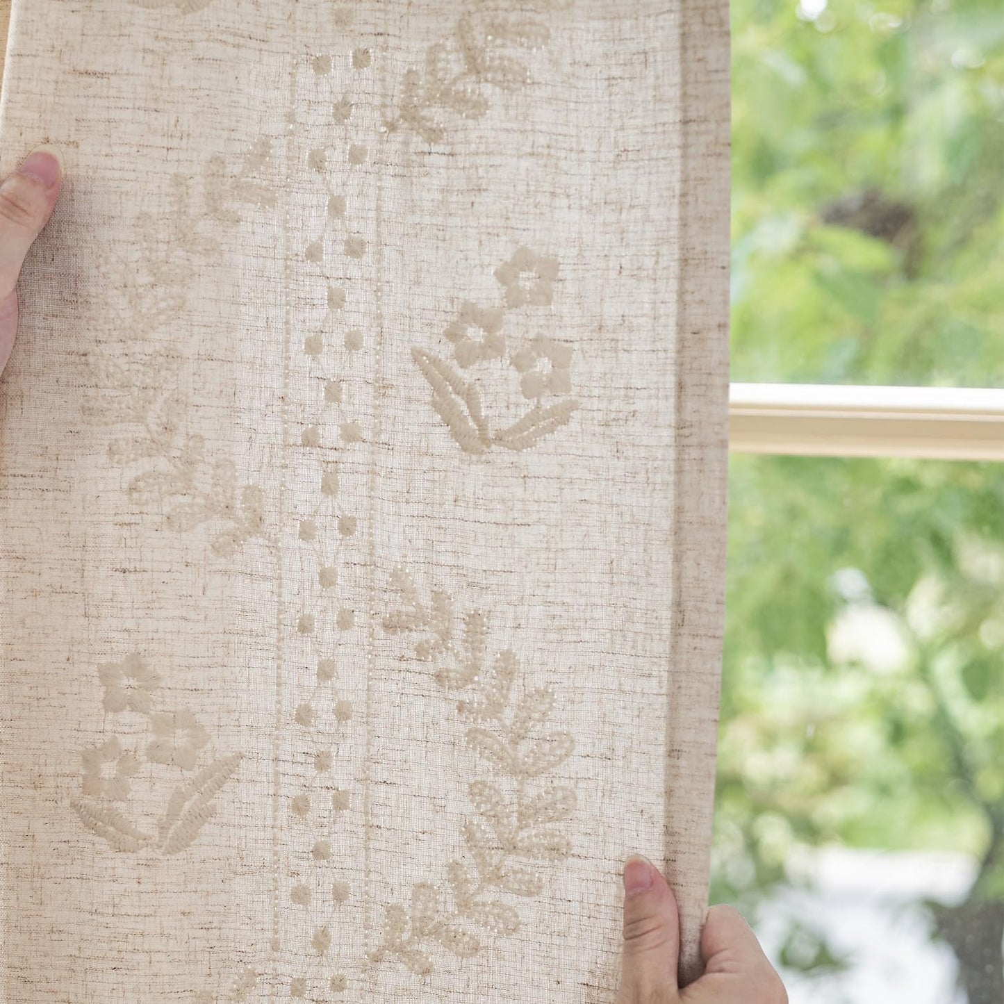 JINCHAN Linen Curtains for Bedroom Floral Curtains 84 Inch Length Linen Blend Ivory Embroidered Drapes Farmhouse Flower Patterned Drapes for Living Room Window Treatments Set 2 Panels