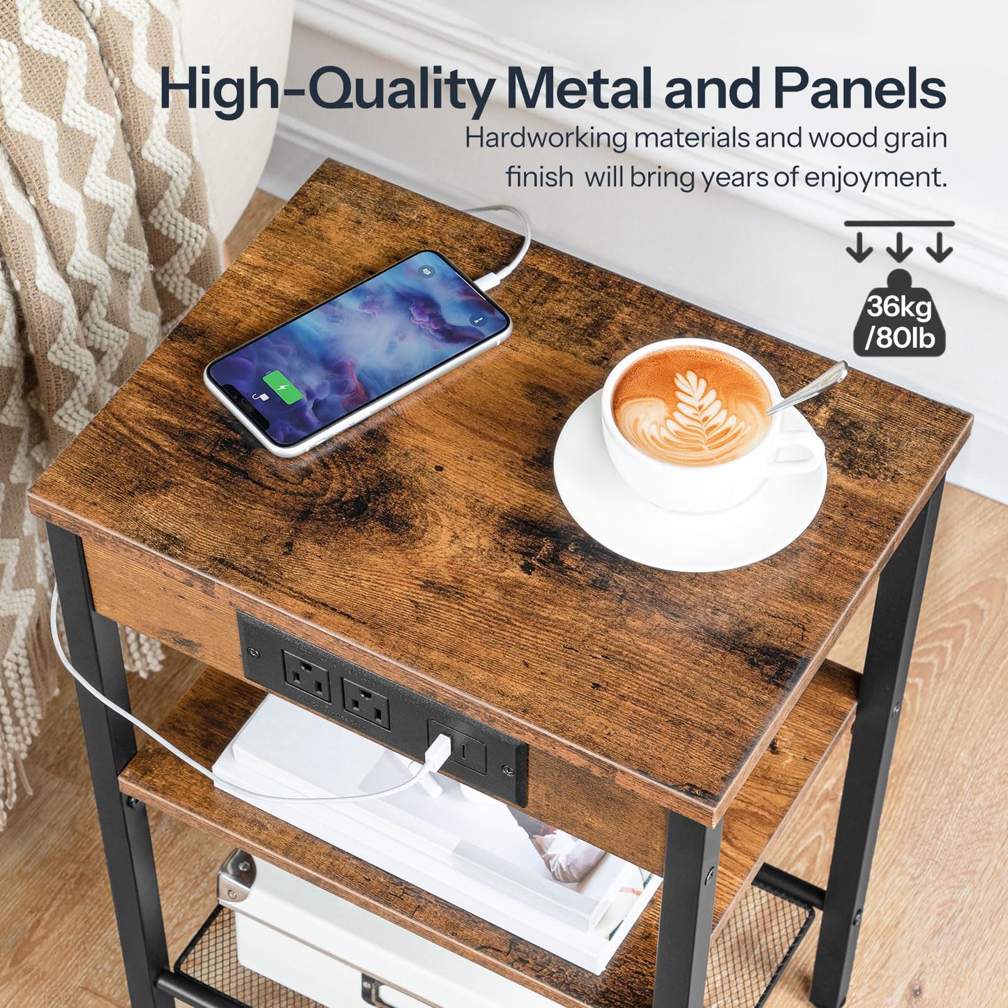 HOOBRO End Table with Charging Station and USB Ports, 3-Tier Nightstand with Adjustable Shelf, Narrow Side Table for Small Space in Living Room, Bedroom and Balcony, Rustic Brown BF112BZ01