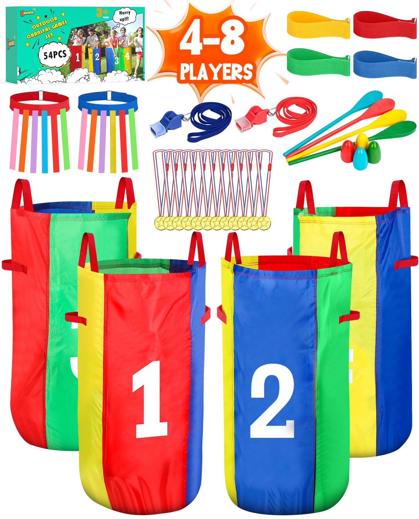 Eocolz Outdoor Carnival Games, Potato Sack Bags for Kids Adults, Egg Spoon Relay Race, 3 Legged Race Bands, Catch Tail Games, Birthday Party, Field Day Family Day Yard Lawn Easter Fall Festival Games