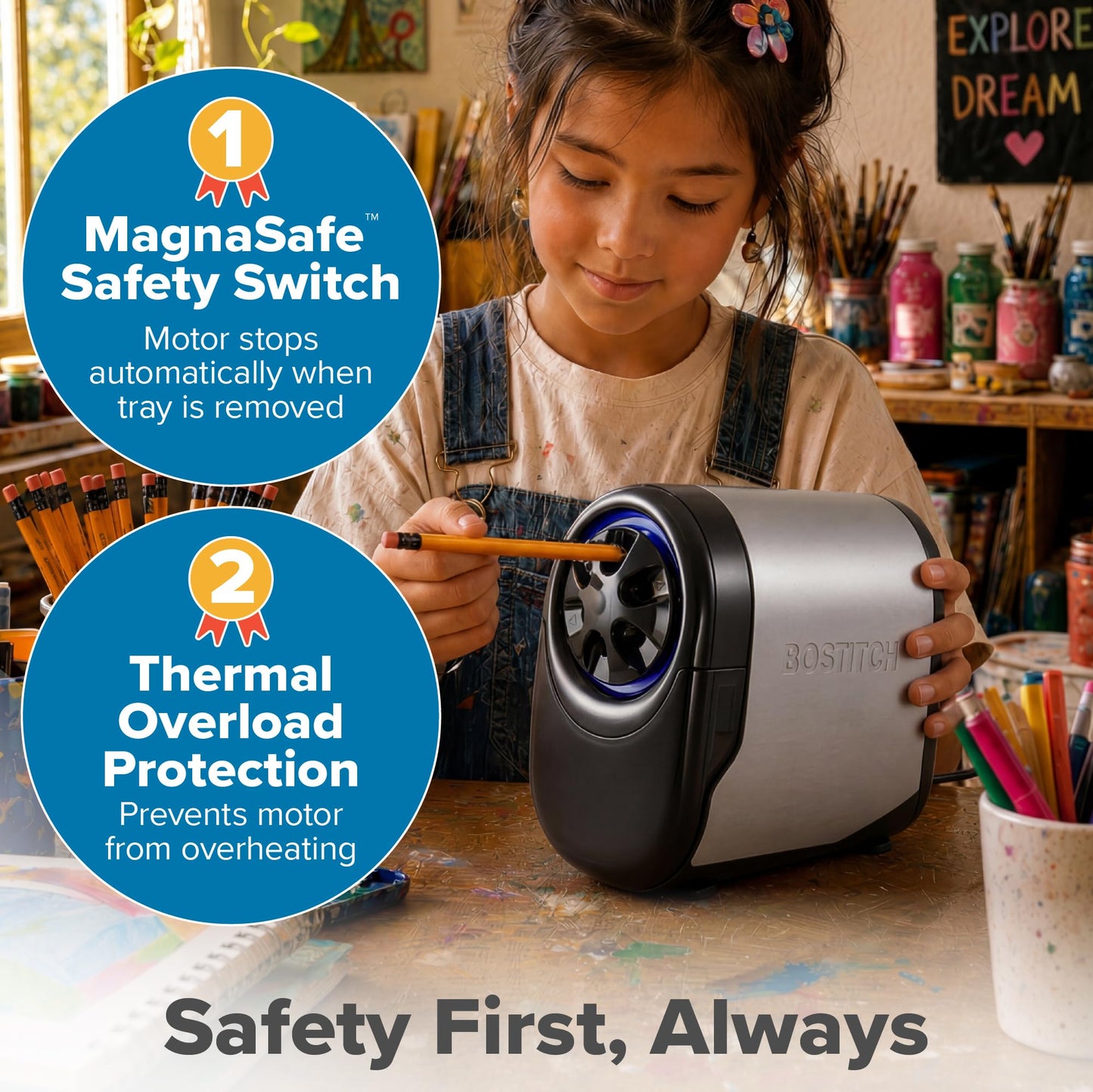 Bostitch Office QuietSharp Glow Extra Heavy Duty Classroom Electric Pencil Sharpener with Replaceable Cutter Cartridge System, Silver/Black (EPS11HC)