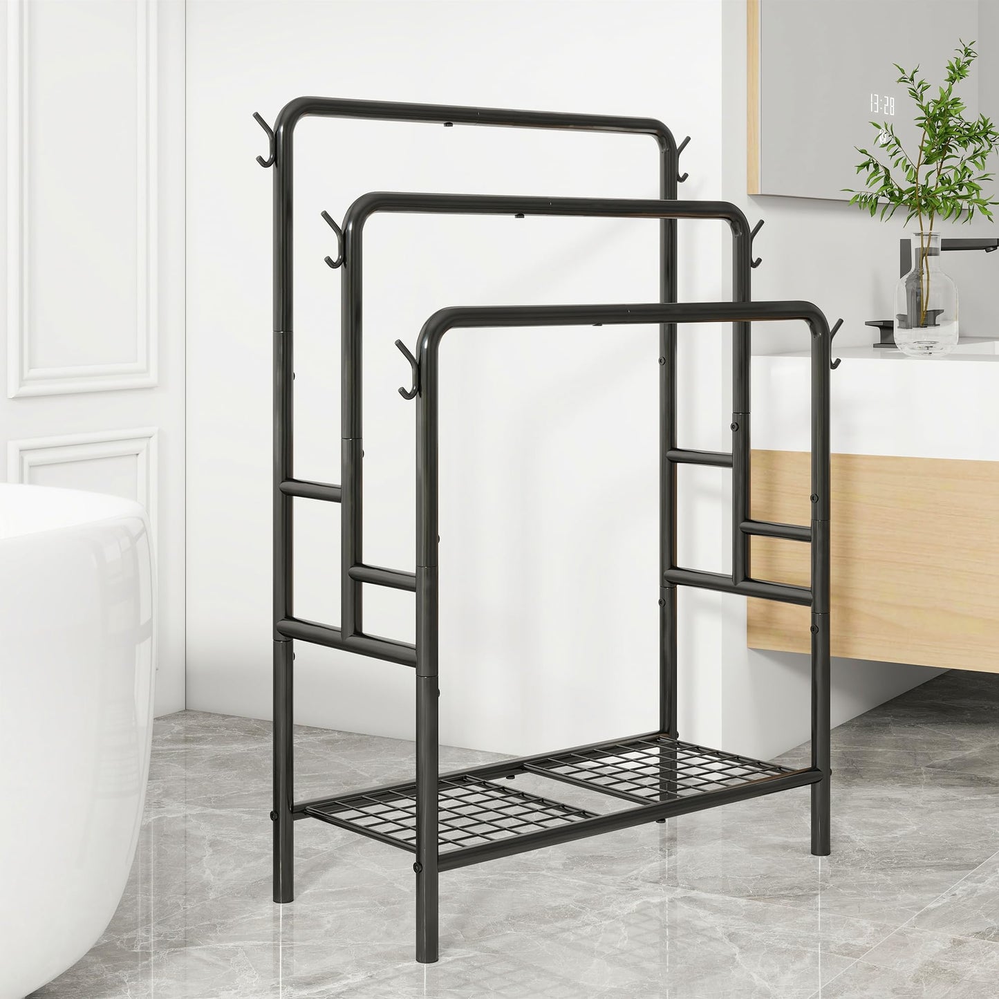 VERFARM Freestanding Towel Rack, 3 Tier Towel Rail Metal Towel Holder Drying Stand with Storage Shelf, Blanket Holder, 6 Hooks, for Bathroom Accessories Organizer, Bath & Hand Towels Storage, Black