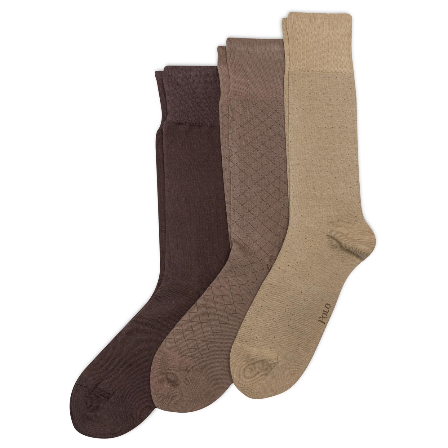 POLO RALPH LAUREN mens Assorted Pattern Dress Crew Socks - 3 Pair Pack - Soft and Lightweight Cotton Comfort, Khaki, 6-12.5