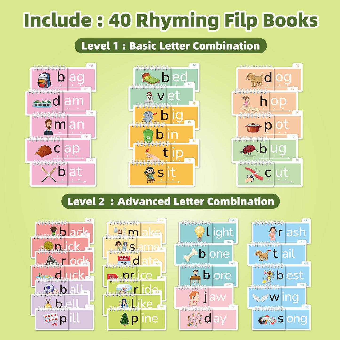 40 Read and Rhyme Flip Books,Montessori Educational Toys Phonics Games Books Gift for Kids Ages 4-8 Years Old, Kindergarten Sight Words Flash Cards, Reading Alphabet Learning for Toddlers