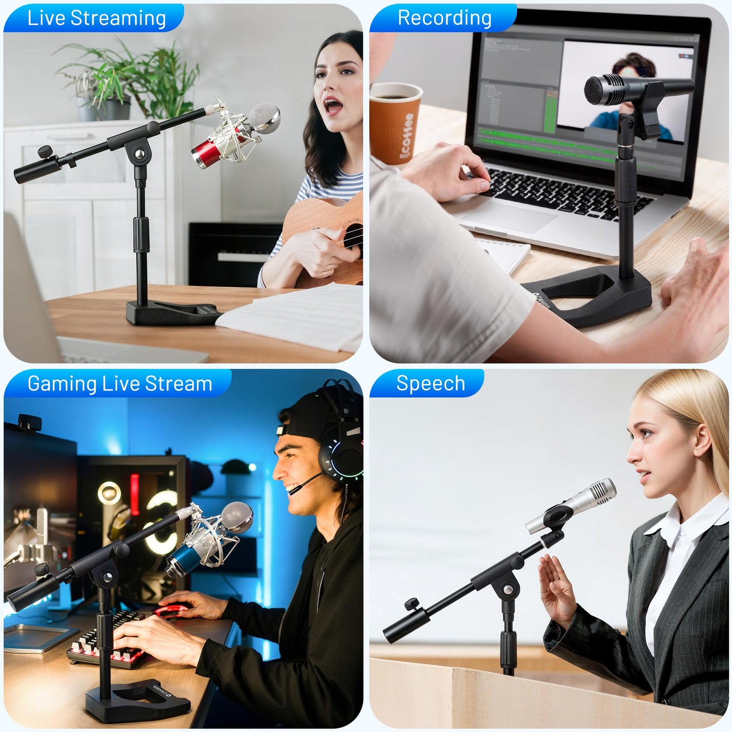 CAHAYA Desk Mic Stand Adjustable - Sturdy Microphone Stand Desktop Metal Weighted Base A-frame Table Mic Mount with 2 Mic Clips 3/8" to 5/8" Screw Adapter Mic Mount for Singing Stage Performance