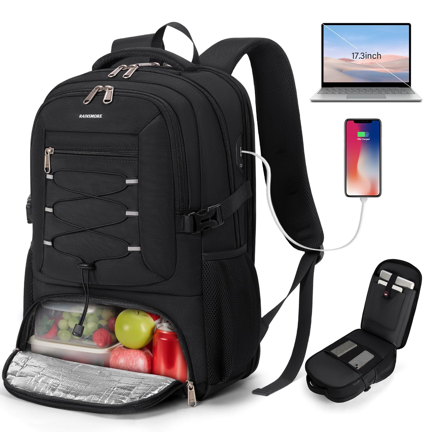 RAINSMORE Insulated Lunch Backpack for Men Women, 17.3 Inch Laptop Backpack with lunch compartment and USB Port and TSA Approved, for Work, Travel, Daily Life