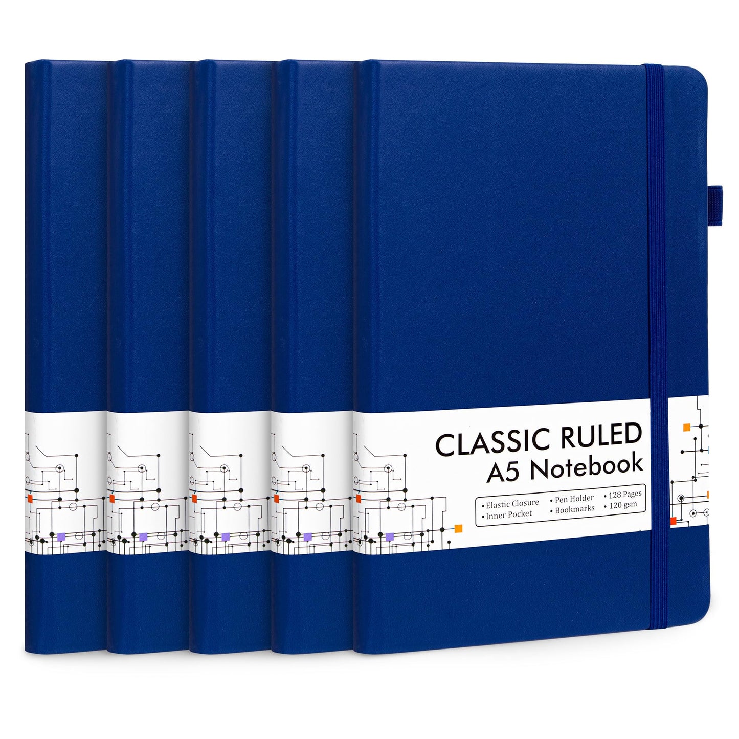 feela 5 Pack Journal Notebook Bulk for School, Hardcover Business Notebooks Classic Ruled Lined Journals with Pen Holder for Work Note Taking, with 5 Black Pens, 120 GSM, 5.1”x8.3”, A5, Navy