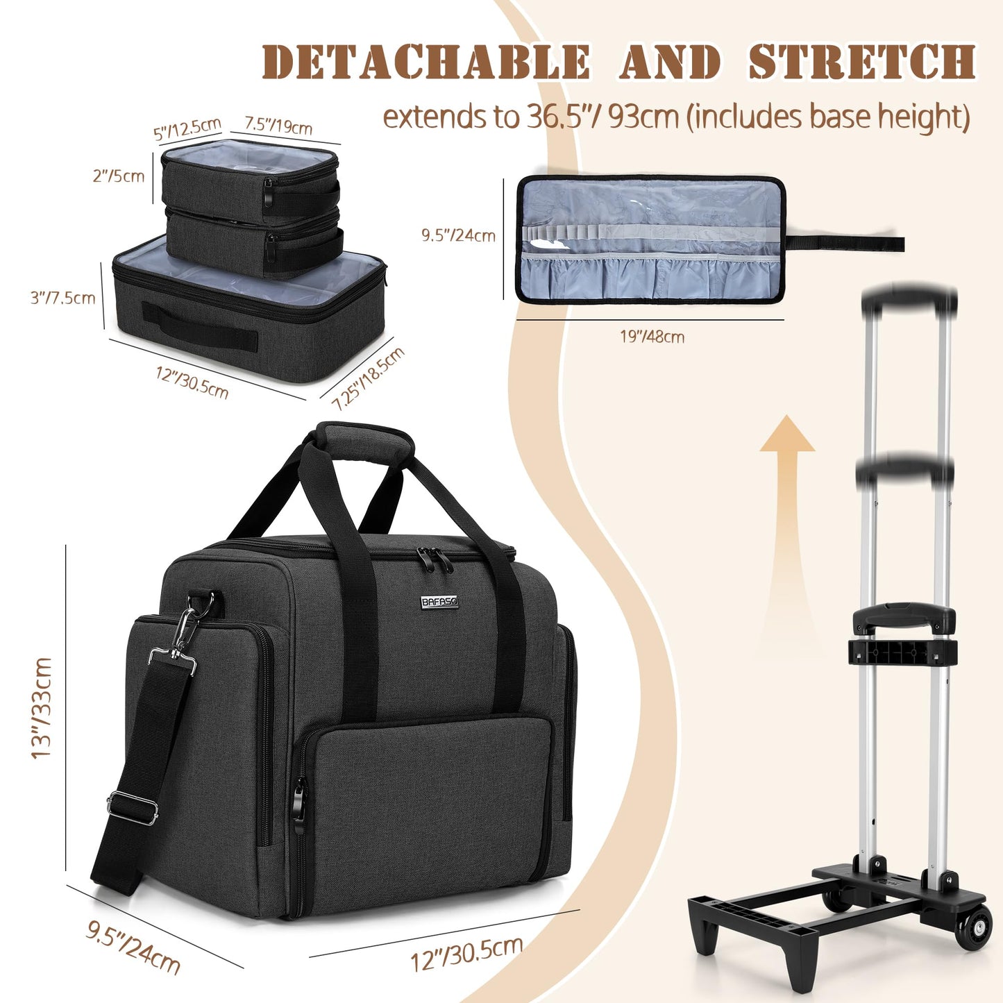 BAFASO Rolling Makeup Case with 3 Removable Pouches and 1 Makeup Brush Bag, Makeup Bag with Detachable Dolly (Patented), Black