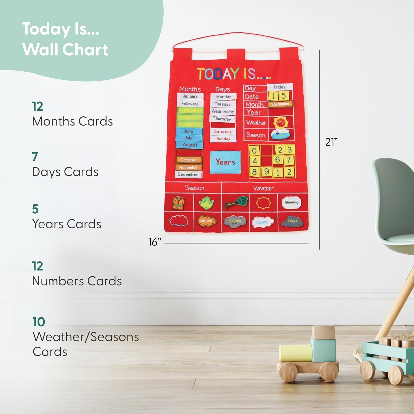 The Peanutshell Preschool Educational Wall Calendar - 53 Fabric Pieces for Months, Days, Years, Weather, & Seasons (Red)