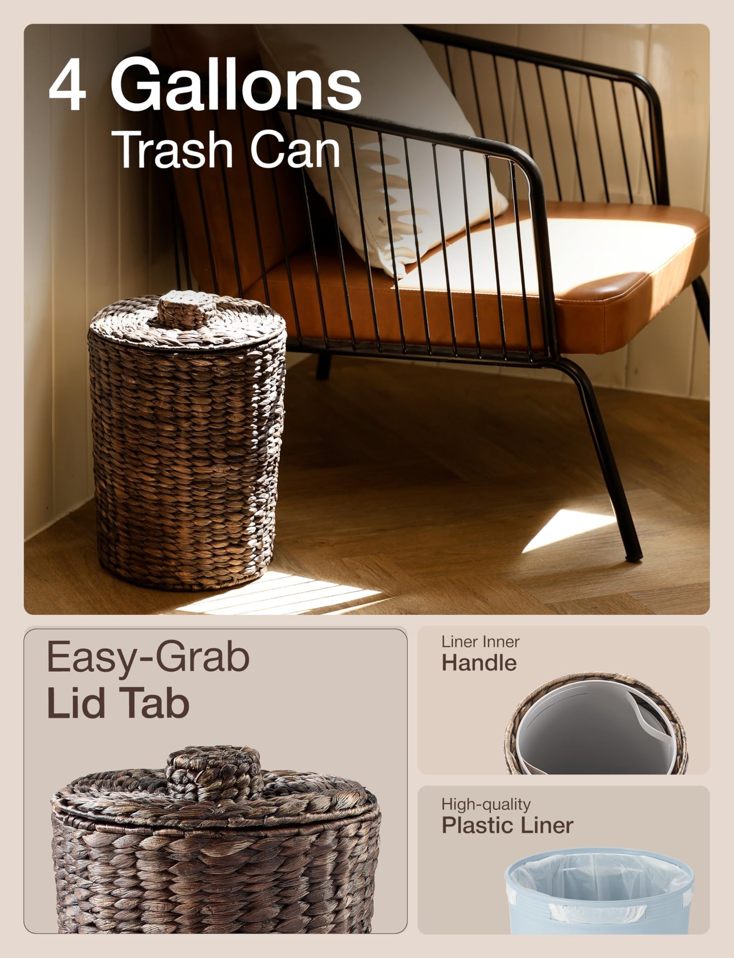 4 Gallons Wicker Waste Basket - Water Hyacinth Bathroom Trash Can - Garbage Can with Lid Boho Style - Wicker Trash Can with Lid for Bedroom, Kitchen - Removable Liner, Handwoven (Black Color)
