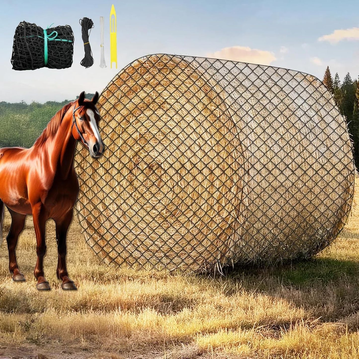 ASRJKIE 6x6ft Round Bale Hay Net for Horses, Round Bale Feeder with Hay Net Repair Tool for Livestock, Slower Feed Hay Net for Farm Countryside, Cow, Goats