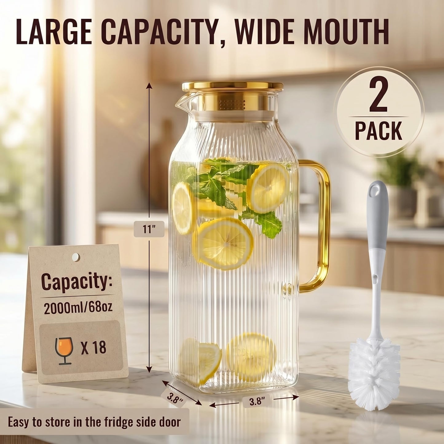 Doubleggs 2 Pack 2 Liter/68 oz Square Glass Pitcher with Lid, Classic Stripes Water Pitchers with Handle for Fridge, Borosilicate Glass Carafe for Iced Tea, Coffee, Hot and Cold Drinks