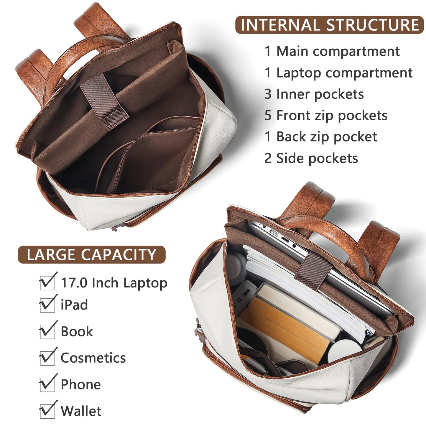 Shrrie Upgraded Large Travel Laptop Backpack with Laptop Compartmetn Fits 17 inch Laptop,Waterproof Vegan Leather Computer Backpack for Women and Men Work Business College