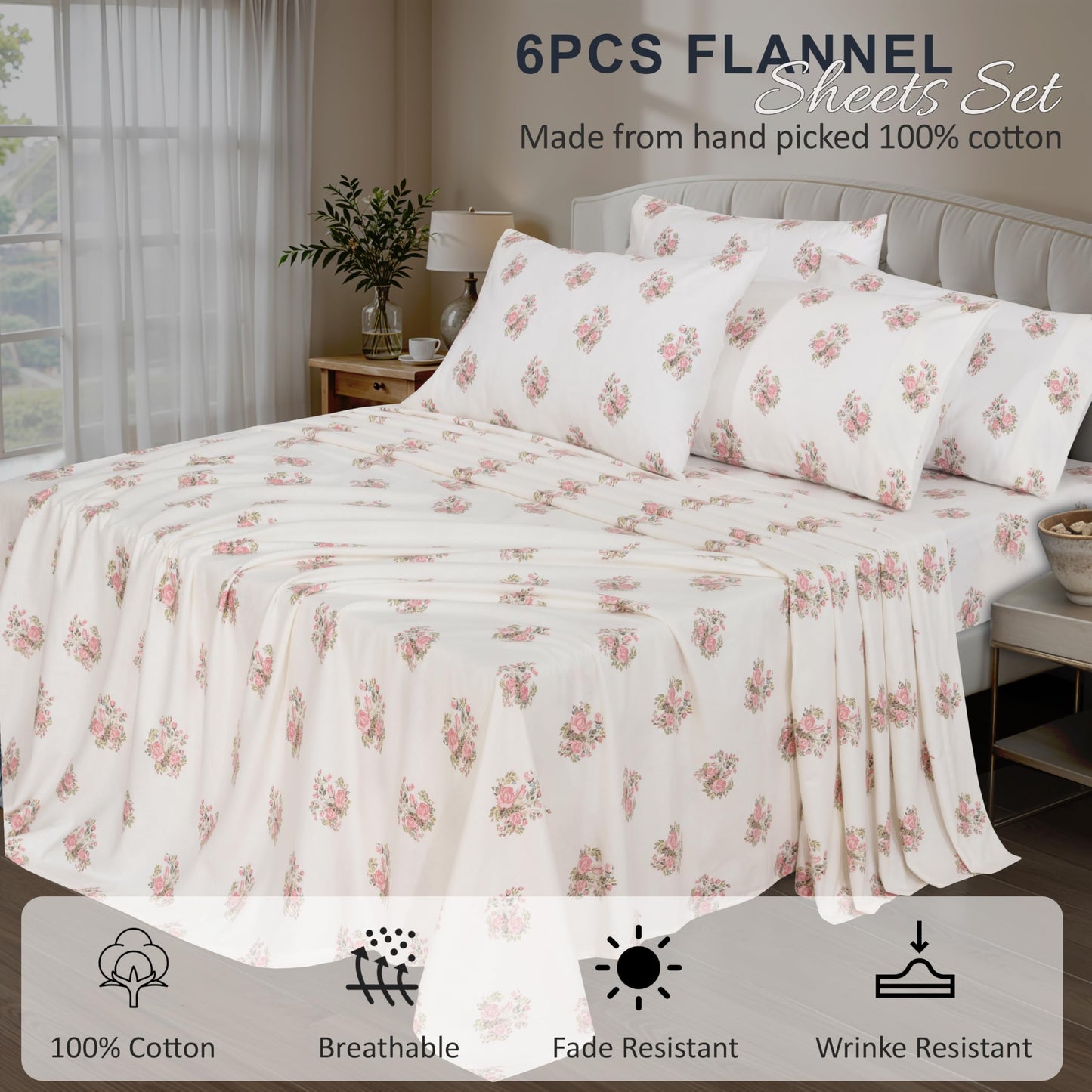 RUVANTI Flannel Sheets Queen Size 6 Pcs - 100% Cotton Double Brushed Bed Sheets, Deep Pockets 16 Inches Queen Sheet Set, All Seasons Breathable, Extra Soft & Comfy, Sowear