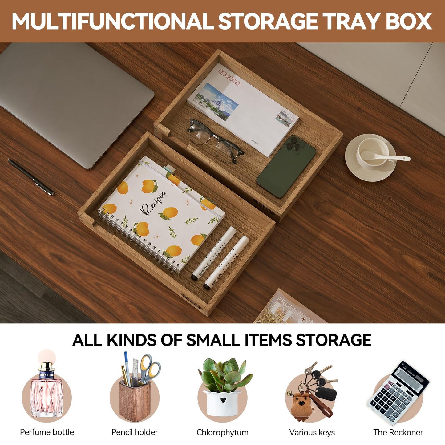 Kirigen Wooden Stackable Office Letter Organizer Desk Tray Pack of 2 - Wood Two Tier Tray for Desktop Organizeration with Metal Label Card Holder - Inbox Tray for Desk,Dark Brown,2TTP-DBR