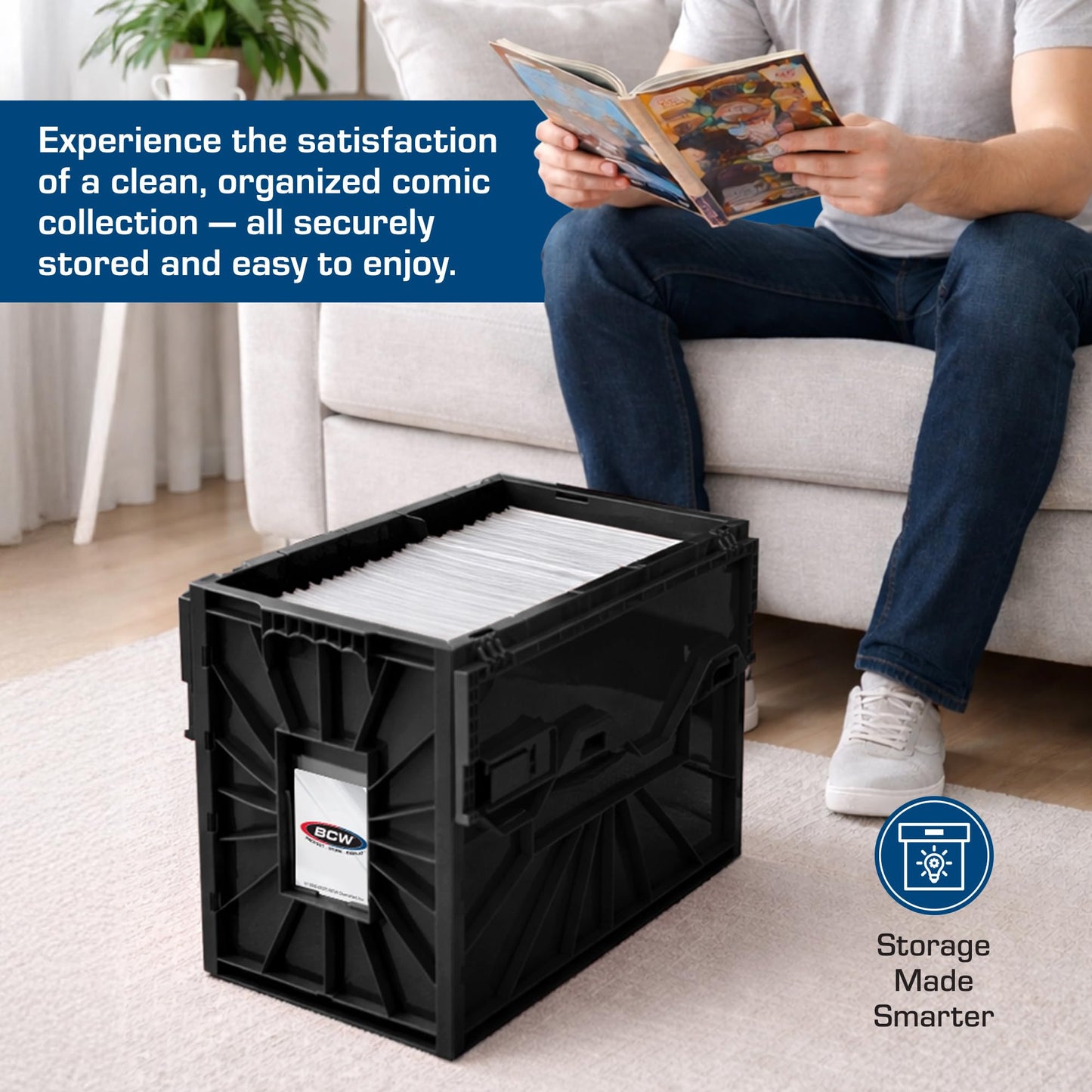BCW Short Comic Book Bin – Black, 1 Pack | Holds 150 Comics | Acid-Free Heavy-Duty Plastic Storage Box with Partition | Stackable Organizer for Comic Collectors