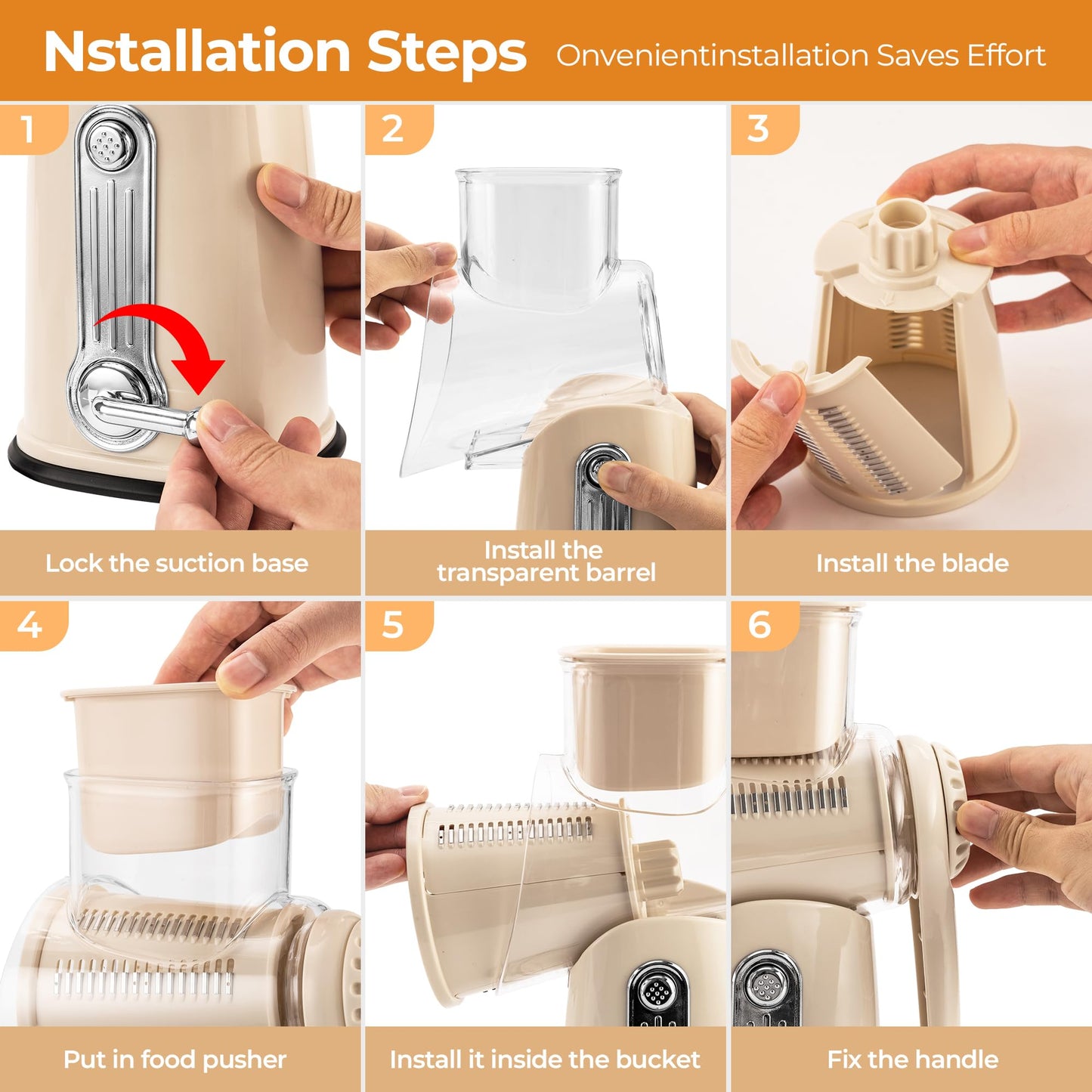 SUSTEAS Rotary Cheese Grater Hand Crank, 5-in-1 Vegetable Shredder, Including Non-Slip Suction Base, Easy to Clean and Use, Kitchen Shredder for Cheese, Cabbage, Carrots, Nuts | Beige