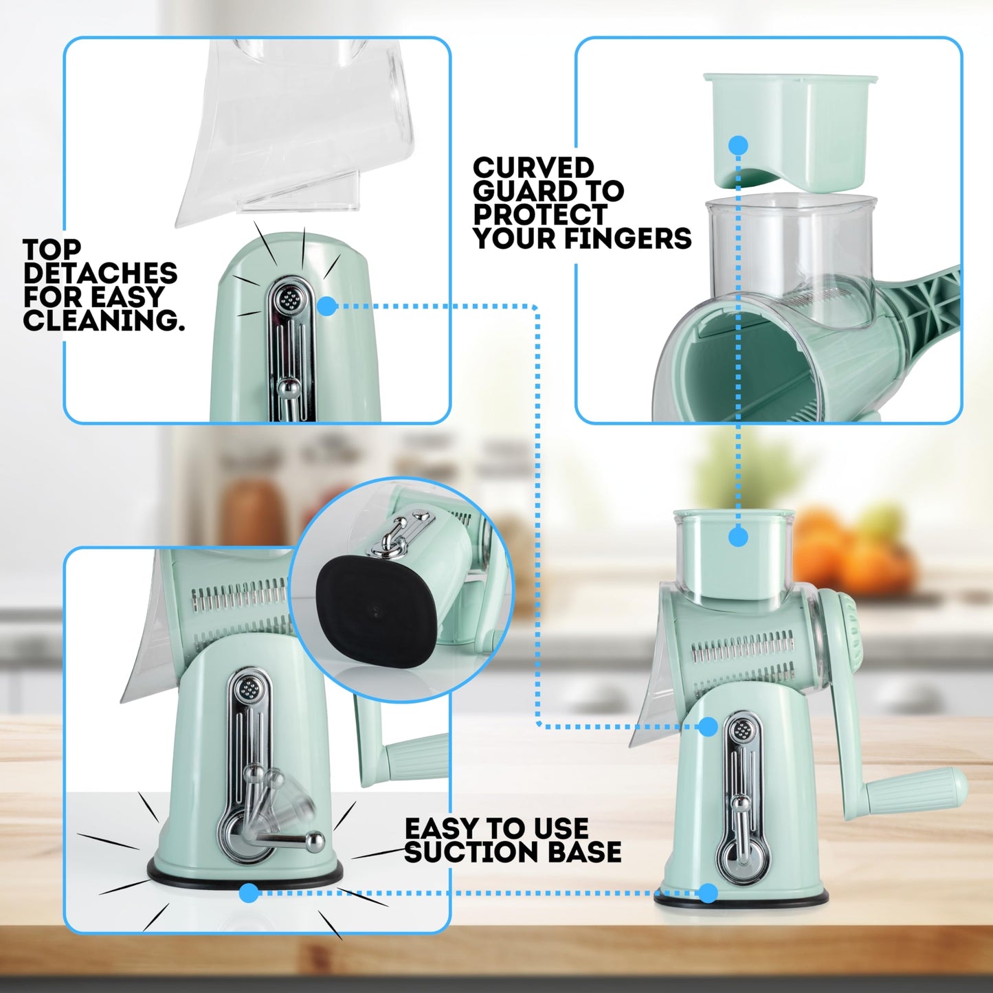 Rotary Cheese Grater 5-in-1 with Handle – Vegetable Slicer, Shredder, Carrot Grater, Nut Grinder & Chocolate Shaver, Durable Stainless Steel Blades (Light Green)
