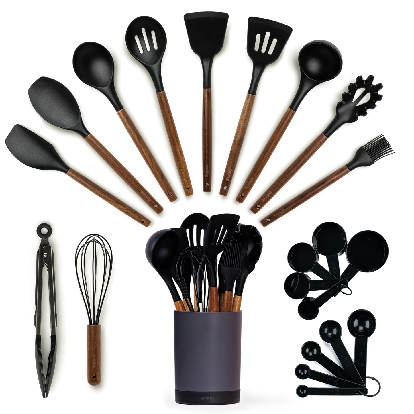 Silicone Kitchen Utensils Set & Holder: Cooking Utensils Set - Kitchen Essentials for New Home & 1st Apartment (Walnut, Black)