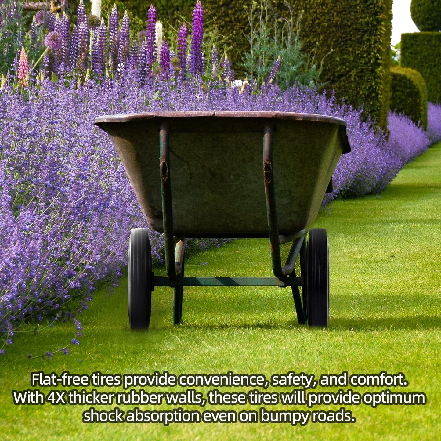 AR-PRO (2-Pack) 10'' x 2'' Flat Free Solid Rubber Tire and Wheel, 3/4" & 5/8" & 1/2" Axles Bore Hole with 2.23" Offset Hub, Replacement 10 Inche Wheel for Dolly Hand Trucks and Wheelbarrows