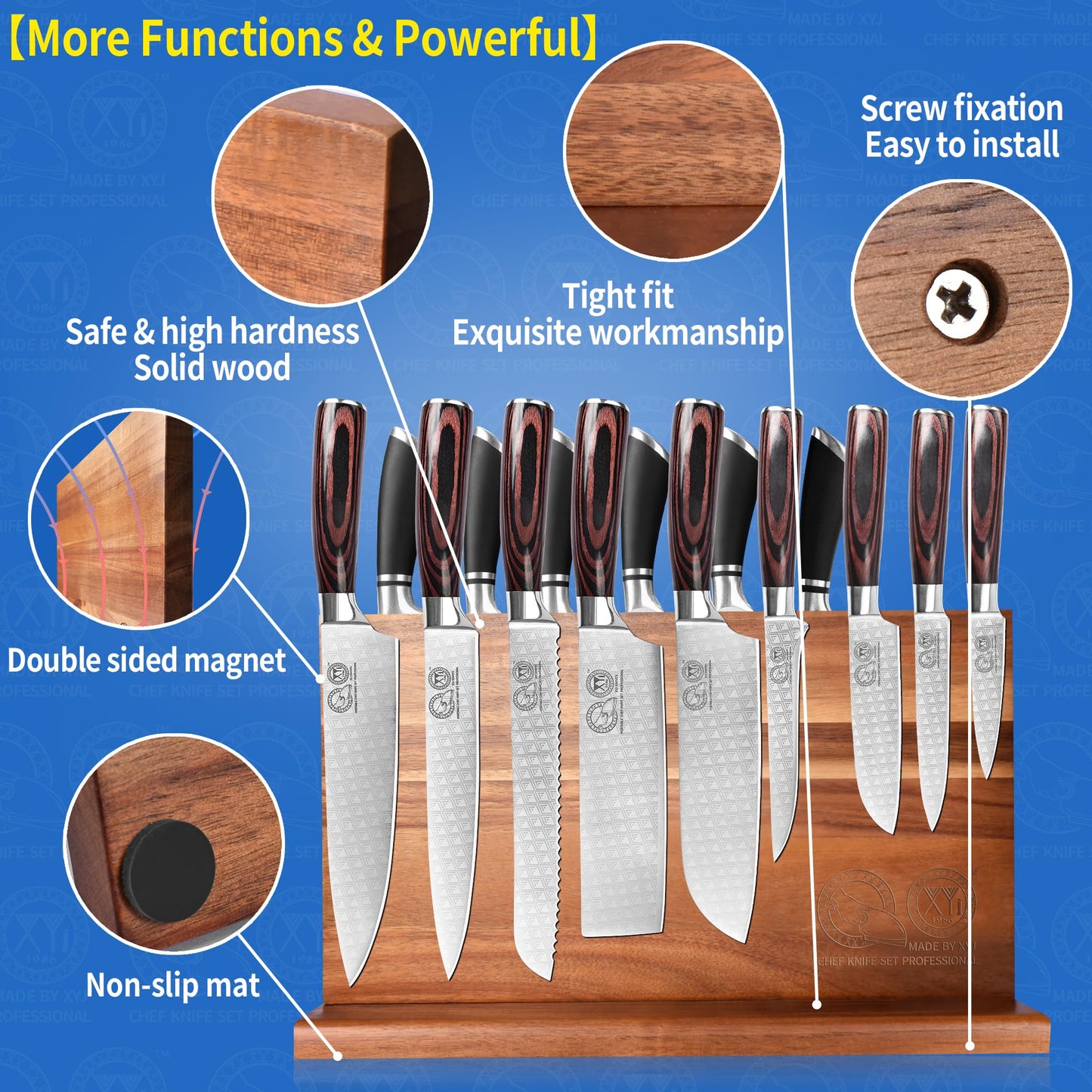 XYJ Magnetic Knife Block for Stainless Steel Knives,Scissors,Natural Wooden Holders Double Side Knife Storage Organizer Kitchen Cutlery Knife Stand