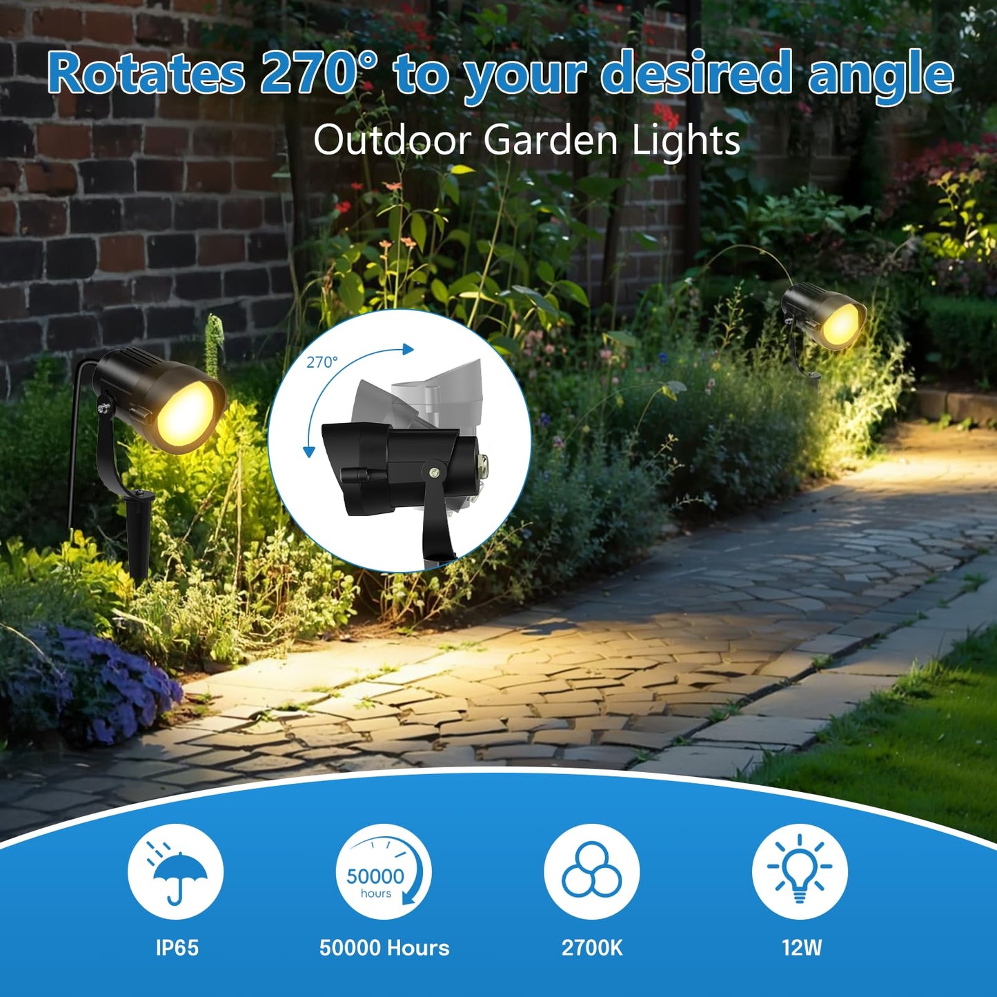 HIBOITEC 12W Landscape Lights IP65 Waterproof LED Outdoor Spotlight with US 3-Plug Cord,270° Adjustable Angle Landscape Lights for Garden, Yard, Lawn Warm White Light 4 Pack
