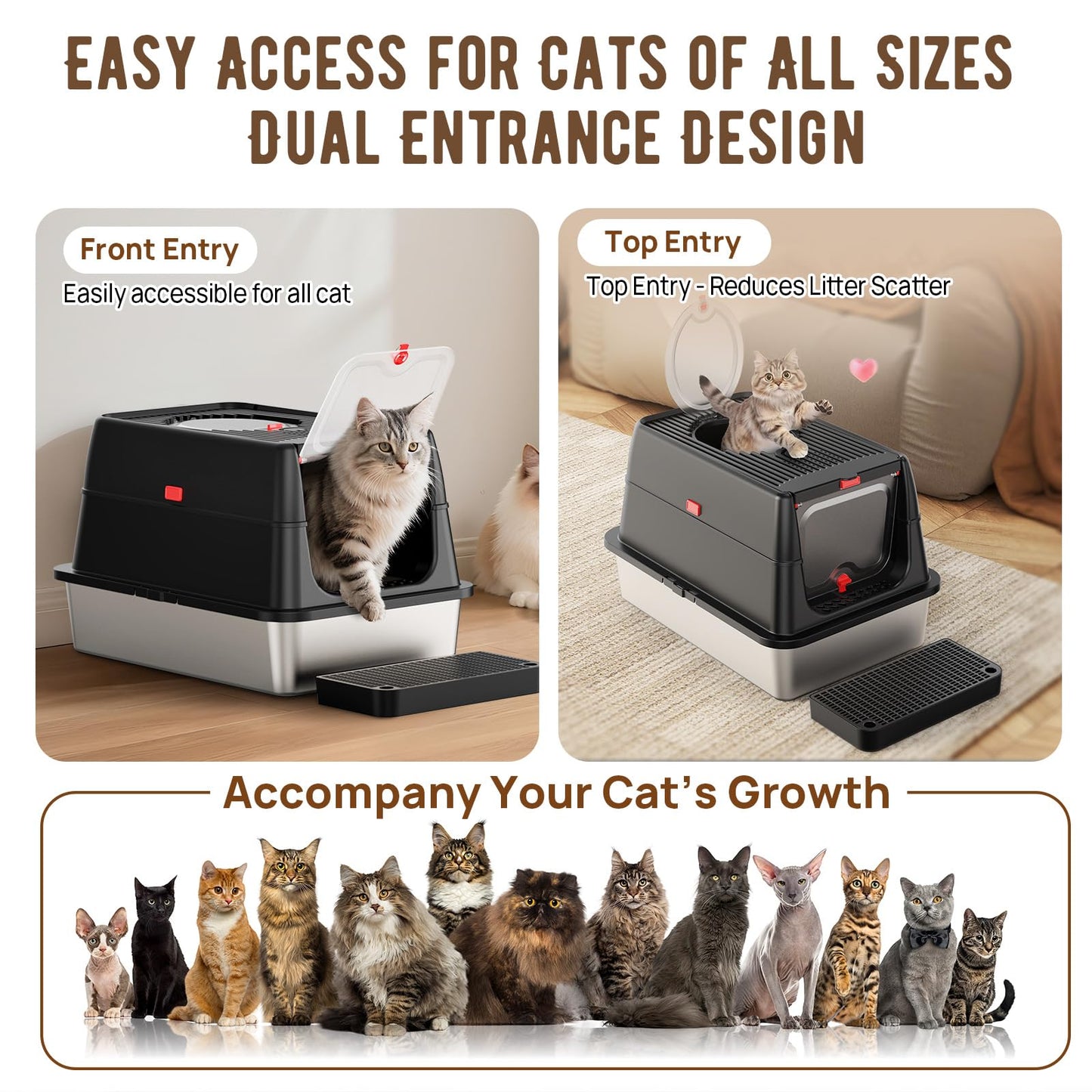 Stainless Steel Litter Box with Lid, SUS304 Metal Cat Litter Boxes, Enclosed Extra Large Kitty LitterBox High Wall, Jumbo Cat Toilet Odor Control, Spacious, DurableNon-Sticky Christmas gifts(XL Black)