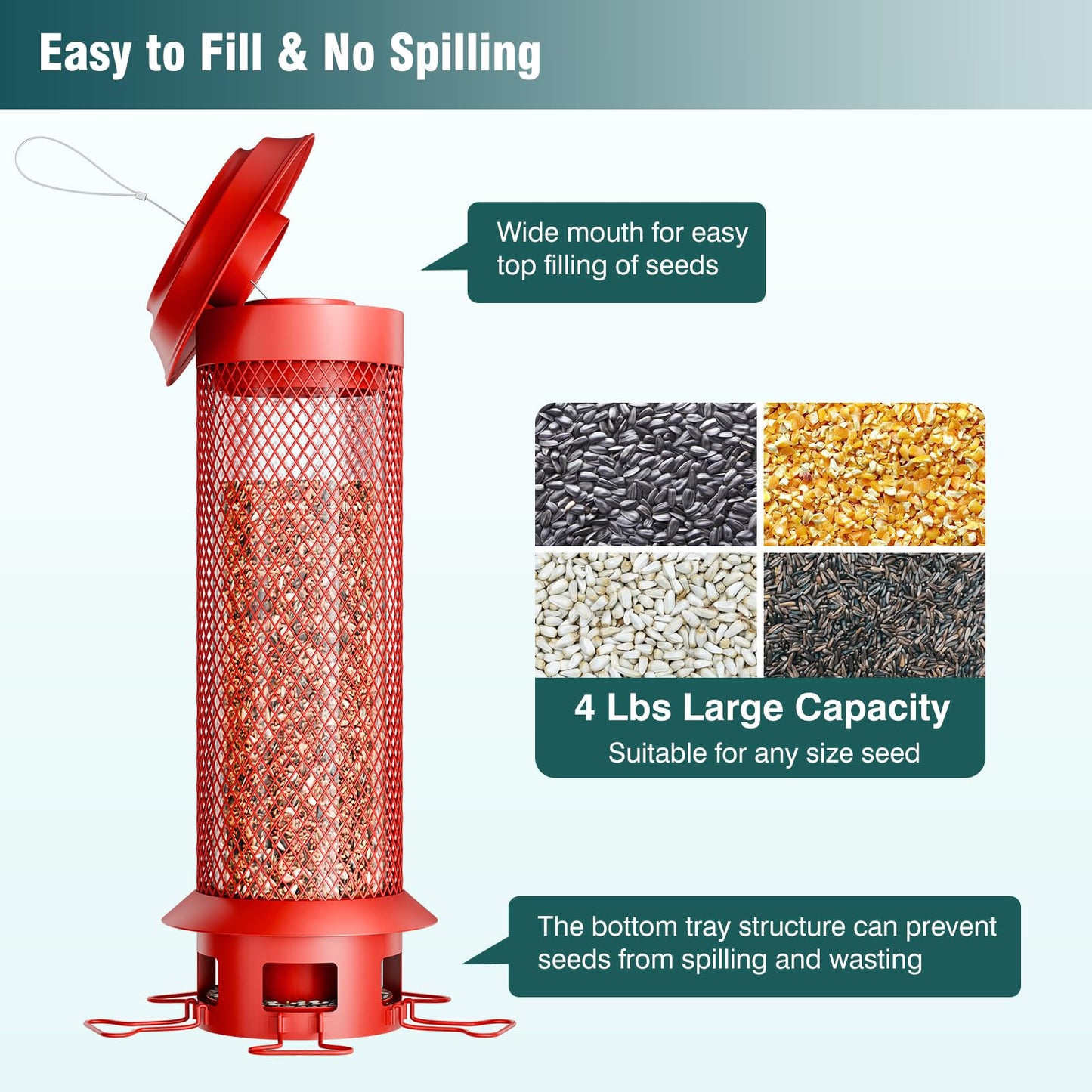 Wellavich Weight-Activated Squirrel Proof Metal Bird Feeder with Removable Spill-Proof Tray, 5 Perches, 4 lb Capacity, Easy to Fill and Clean, Outdoor Bird Feeder for Medium to Large Birds