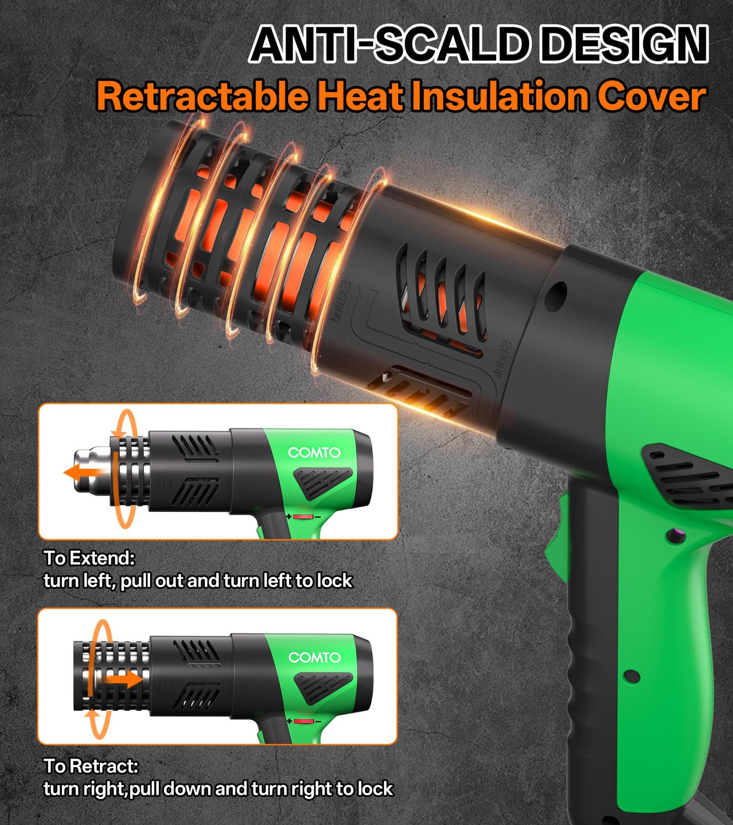 COMTO 1800W Industrial Heat Gun, Fast Heating 122℉-1202℉ Variable Temperature Control Overheat Protection 2 Speed Air Flow with 4 Nozzles for Crafts, Shrinking Tubing, Vinyl Wrap (SG-1004)