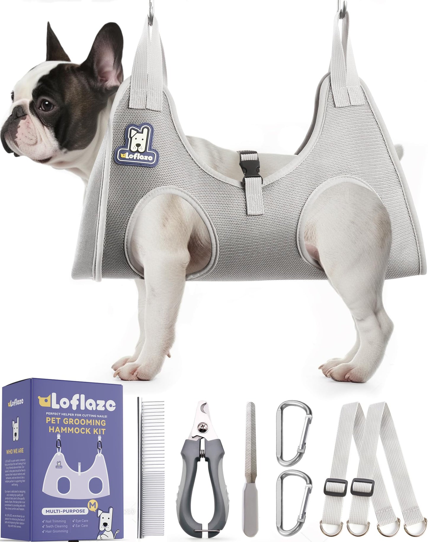 Loflaze Dog Grooming Hammock Harness for Dogs & Cats with Pet Nail Clipper Trimmer - Cat Hanger Sling for Trimming Clipping Nails- Dog Hammock Restraint Bag for Small Medium Large Dog （ Grey M ）