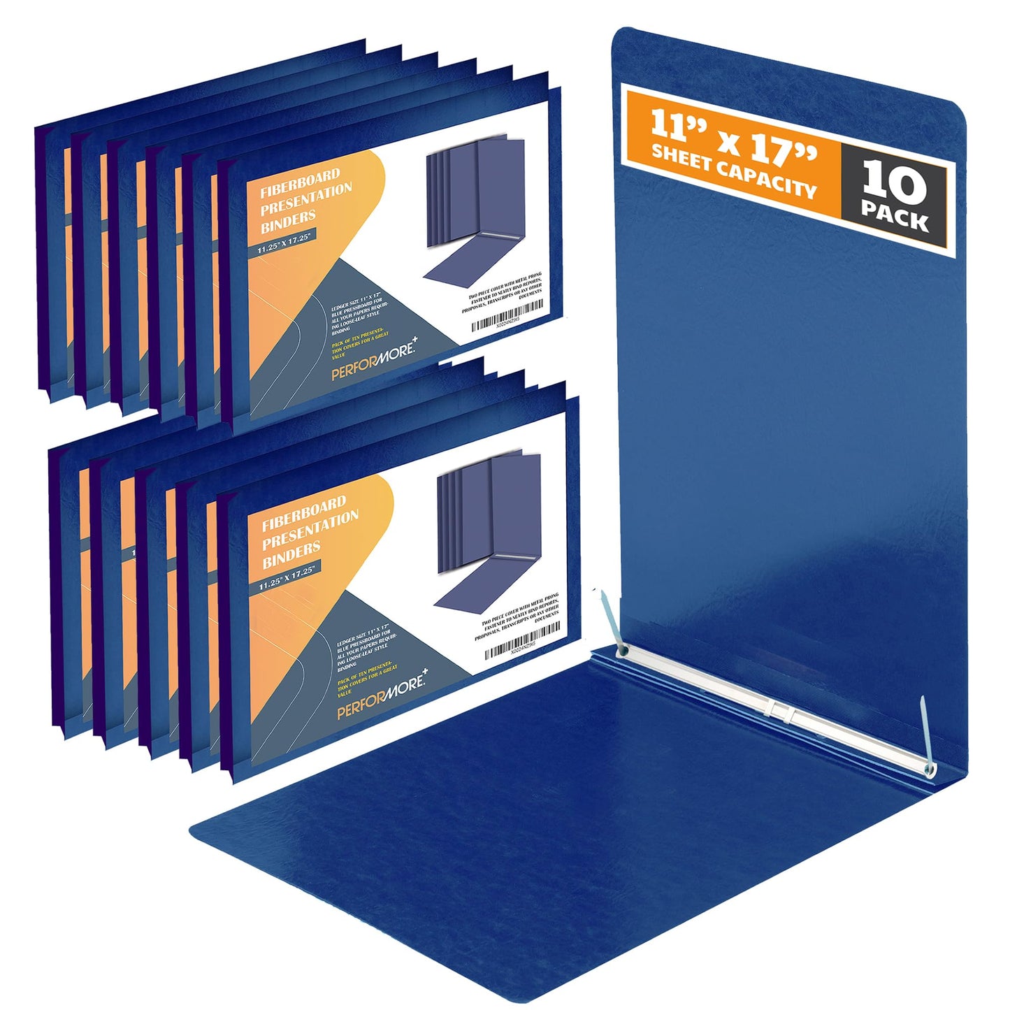 10 Pack of 11”x17” Landscape Pressboard Presentation Binder Folder, Blue Fiberboard Report Cover with 3" Capacity Metal Prong Paper Fastener to Neatly Bind Reports, Proposals, and Other Documents