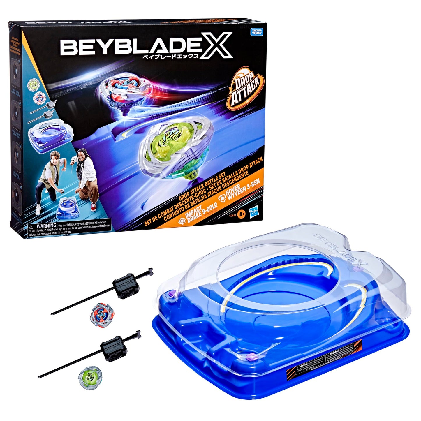 Beyblade X Drop Attack Battle Set with Beystadium Arena, 2 Takara Tomy Tops & Launchers, Impact Drake 9-60LR & Hover Wyvern 3-85N, Battling Game Toys, Ages 8+