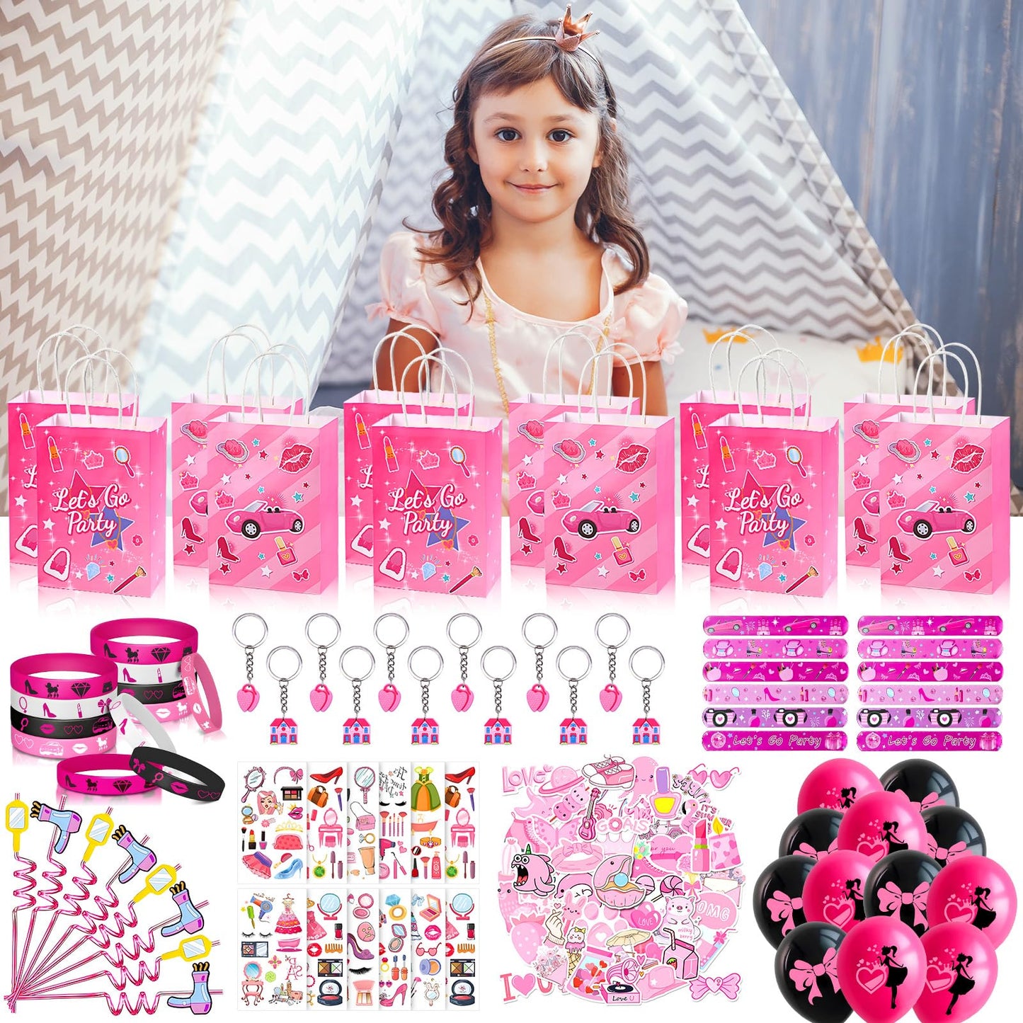 122PCS hot pink Themed Party Favors for girl, Birthday Decorations, Gifts Goodie Bags,School Classroom Rewards Carnival Prizes Christmas Thanksgiving Easter Birthday Gifts (hot pink)