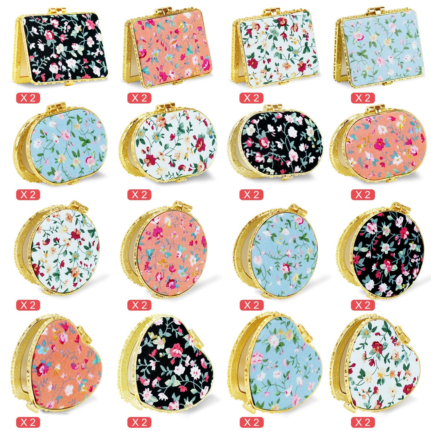 32 Pcs Compact Mirror Bulk for Purse, Portable Elegant Mini Flower Pocket Mirror, Folding Floral Retro Mirror for Women Makeup Travel Wedding Party Gifts (Gold Edge)