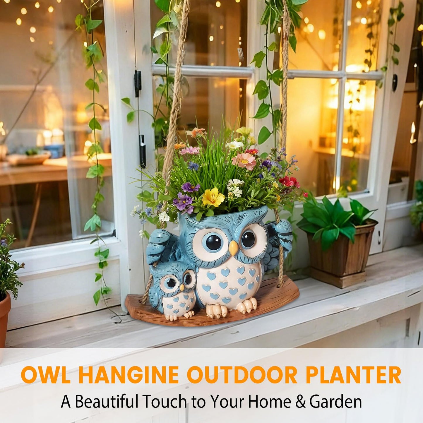 Swing Owl Hanging Planters for Indoor Plants, No-Drill Cute Resin Succulent Pots with Drainage Hole & Plug, Hanging Plant Holder for String of Pearls, Unique Gardening Gifts for Mom & Women