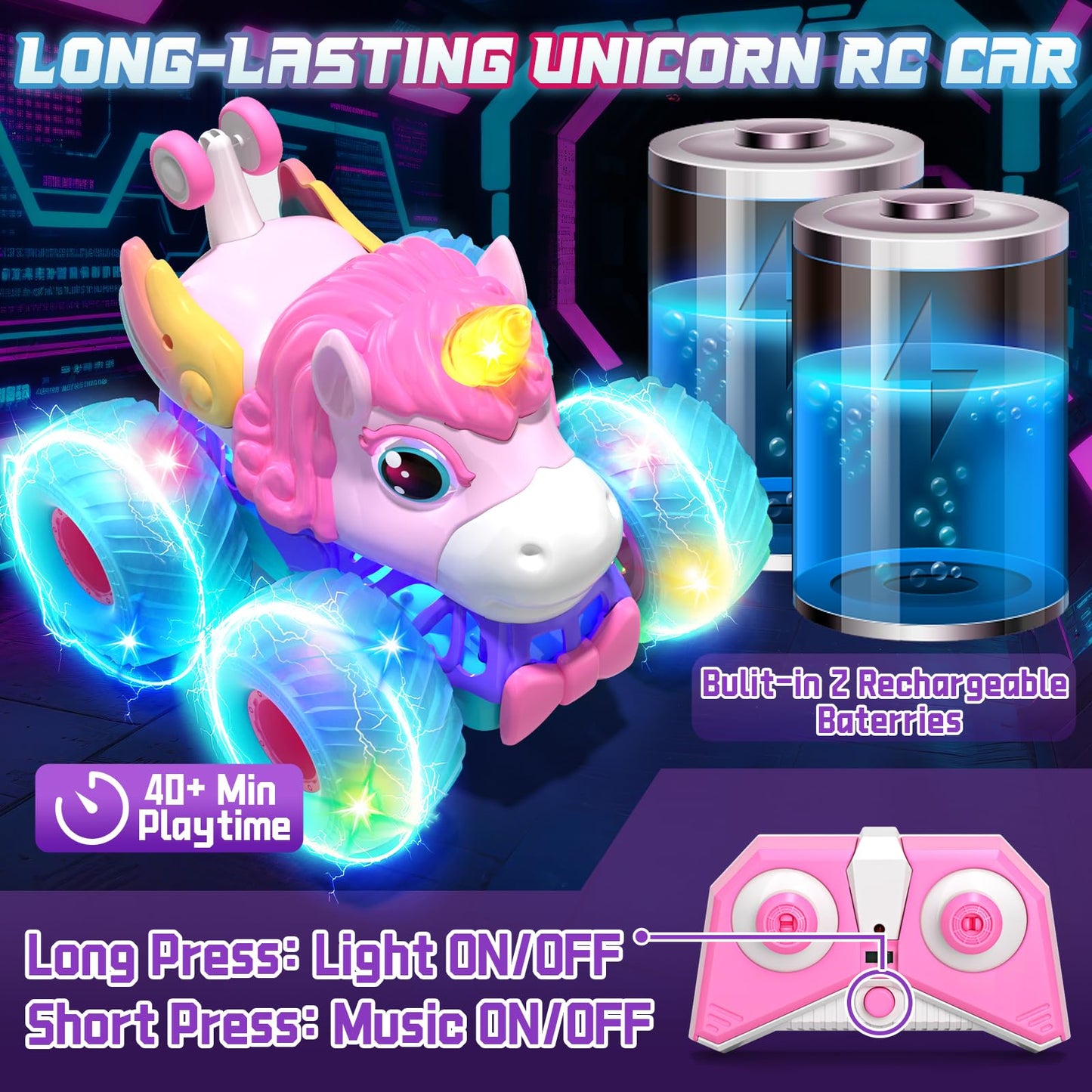 Lehoo Castle Remote Control Car for Girls 360° Rotating, Unicorn Monster Truck Toys with LED Lights, 4WD All Terrain RC Stunt Car Rechargeable, 2.4GHz RC Truck for 3 4 5 6 7 8 Girls Birthday Gift