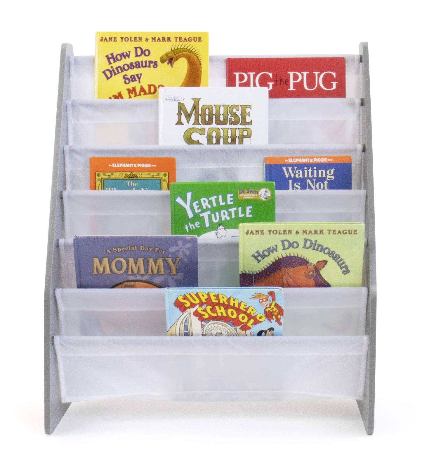 Humble Crew Kids Bookshelf 6-Tier Book Rack Organizer, Extra Large Toddler Bookcase with Fabric Storage Pockets, Front-Facing Display for Children’s Books, Grey/White, Nursery & Playroom Storage