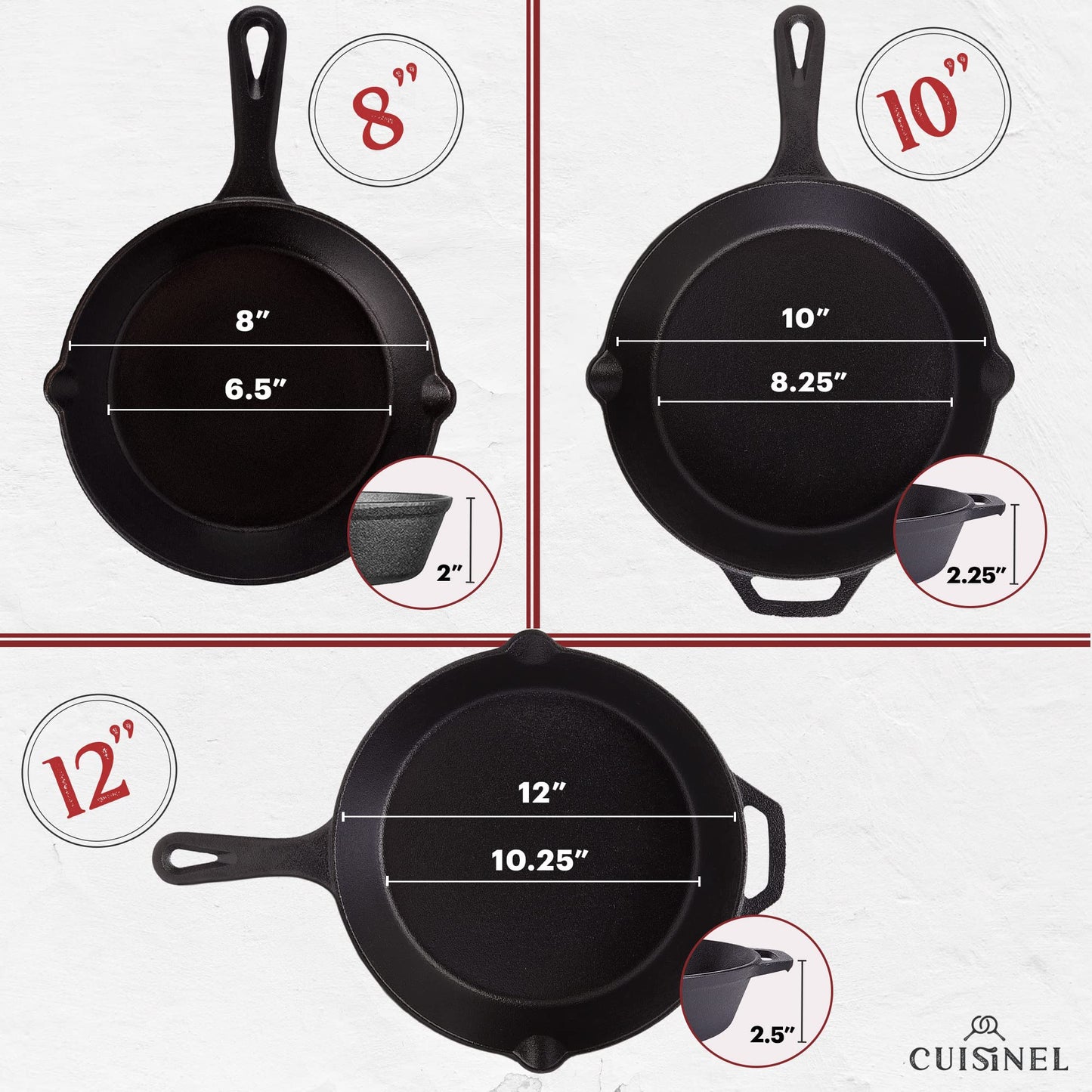 Cast Iron Skillet Set - 8" + 10" + 12"-Inch Pre-Seasoned Frying Pans + Silicone Handle Grip Covers - Indoor/Outdoor, Oven, Grill, Stovetop, BBQ, Fire and Induction Safe Kitchen and Camping Cookware