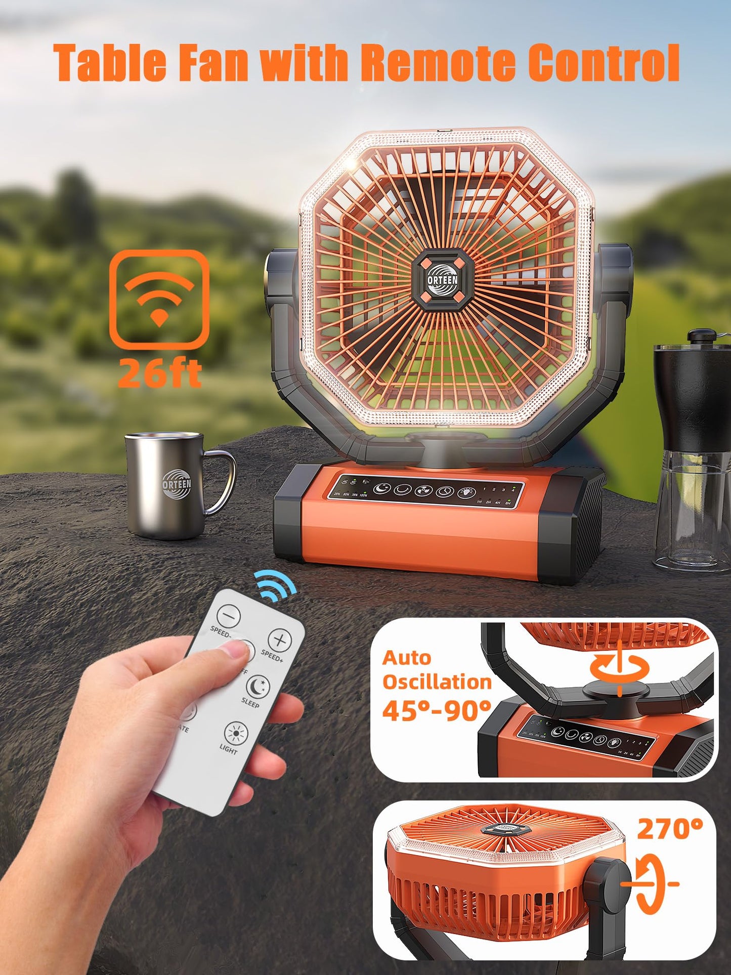 Battery Powered Fan - 9-Inch Rechargeable Fan Portable, 20000mAh(60Hrs) Camping Fans for Tent, Auto Oscillation Cordless, Tent Fans for Camping with Remote/light, 4 Speeds, 4 Timing, Outdoor