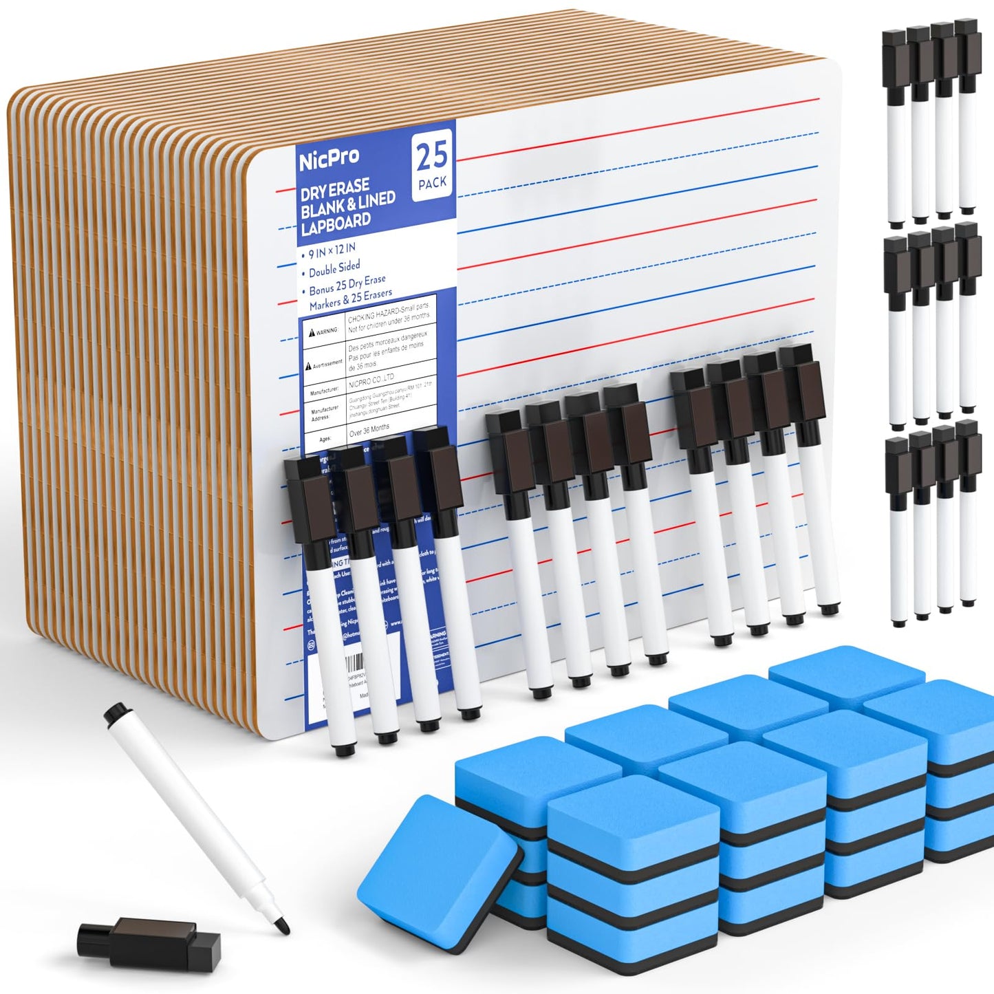 Nicpro 25 Pack Dry Erase Mini Whiteboard - Lined/Plain,9 x 12 Double Sided Lapboard Bulk with 25 Markers, 25 Erasers Learning Small White Boards Portable Drawing Writing for Student, Classroom Use