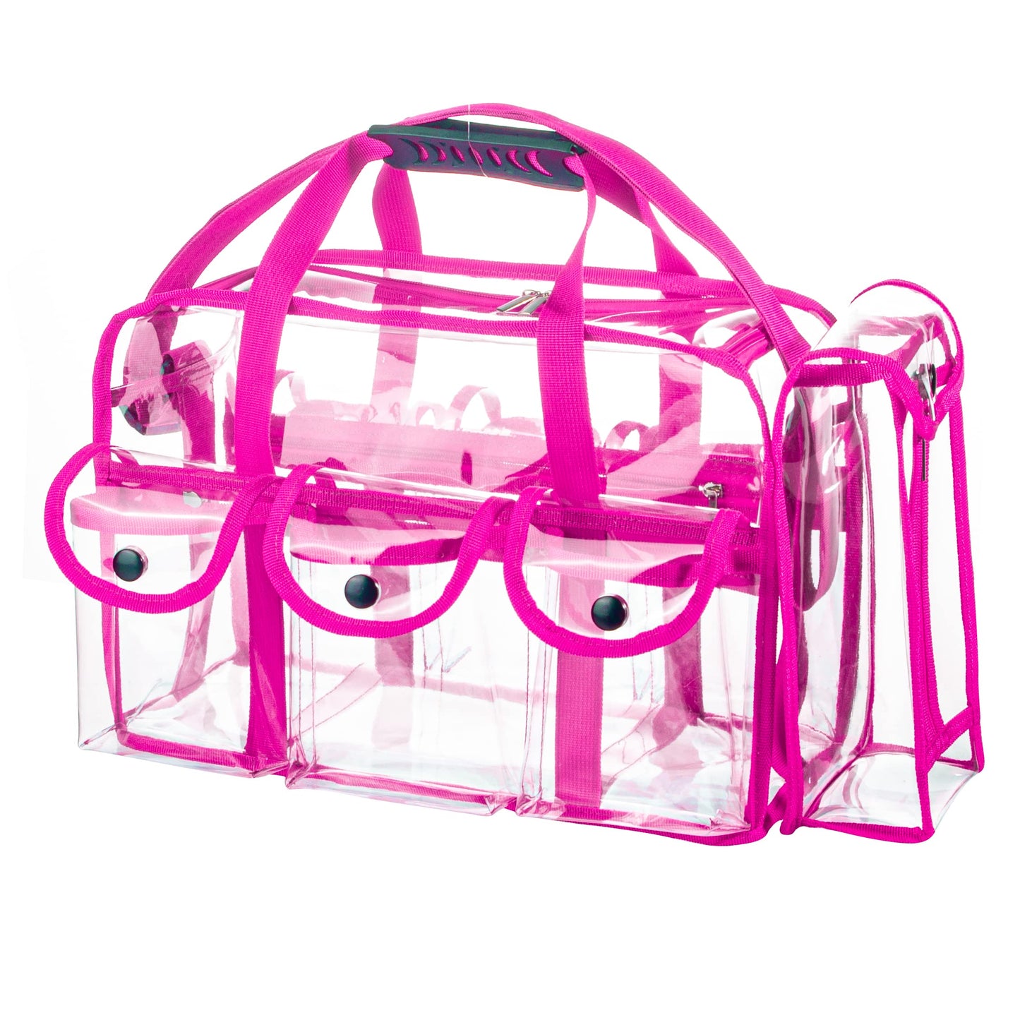 Wide Mouth Large Professional Clear PVC Travel Makeup Artist Set Bag Cosmetic Nails Beauty Bag Transparent Vinyl Tool Organizer Work Bag Beach Bag Diaper Bag with 6 External Pockets & Strap, Pink