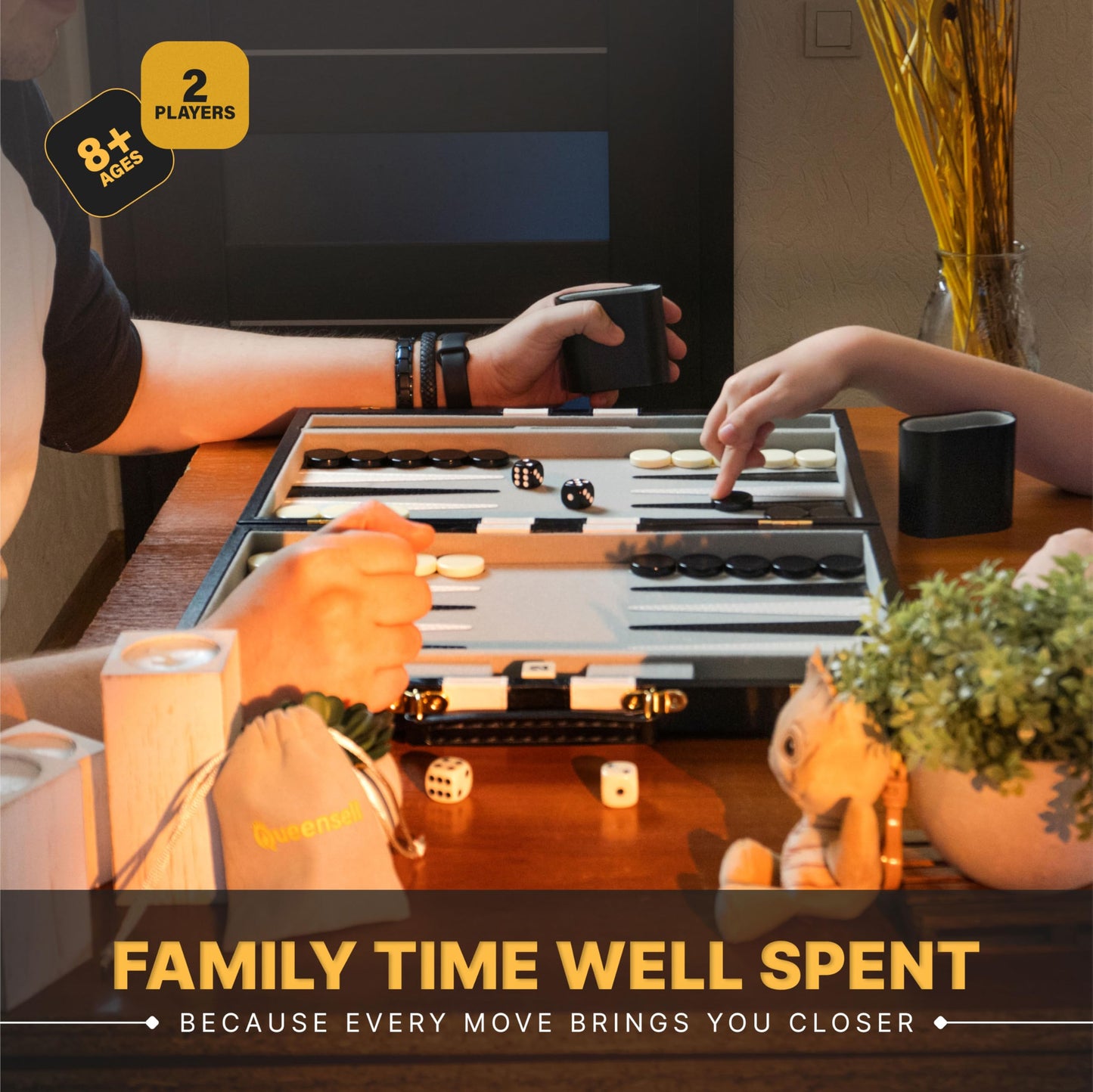 Backgammon Sets for Adults – 15-Inch Black PU Leather Board Game Set – Classic 2-Player Travel Backgammon Set with 32 Playing Pieces, Dice, and Cups