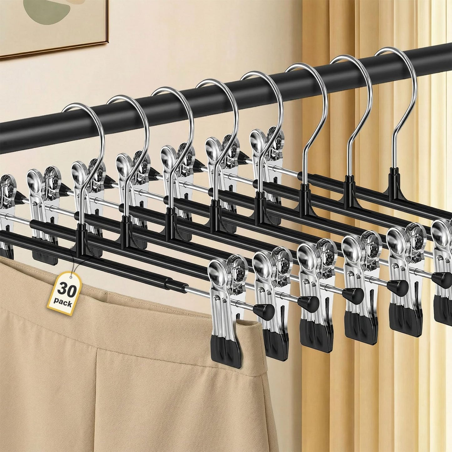 POZEAN Pants Hangers with Clips 30Pack, 12Inch Adjustable Skirt Hangers for Women, Space Saving Non-Slip Hangers for Shorts, Jeans, Coat, Kids' Clothes (Black, 30Pack)